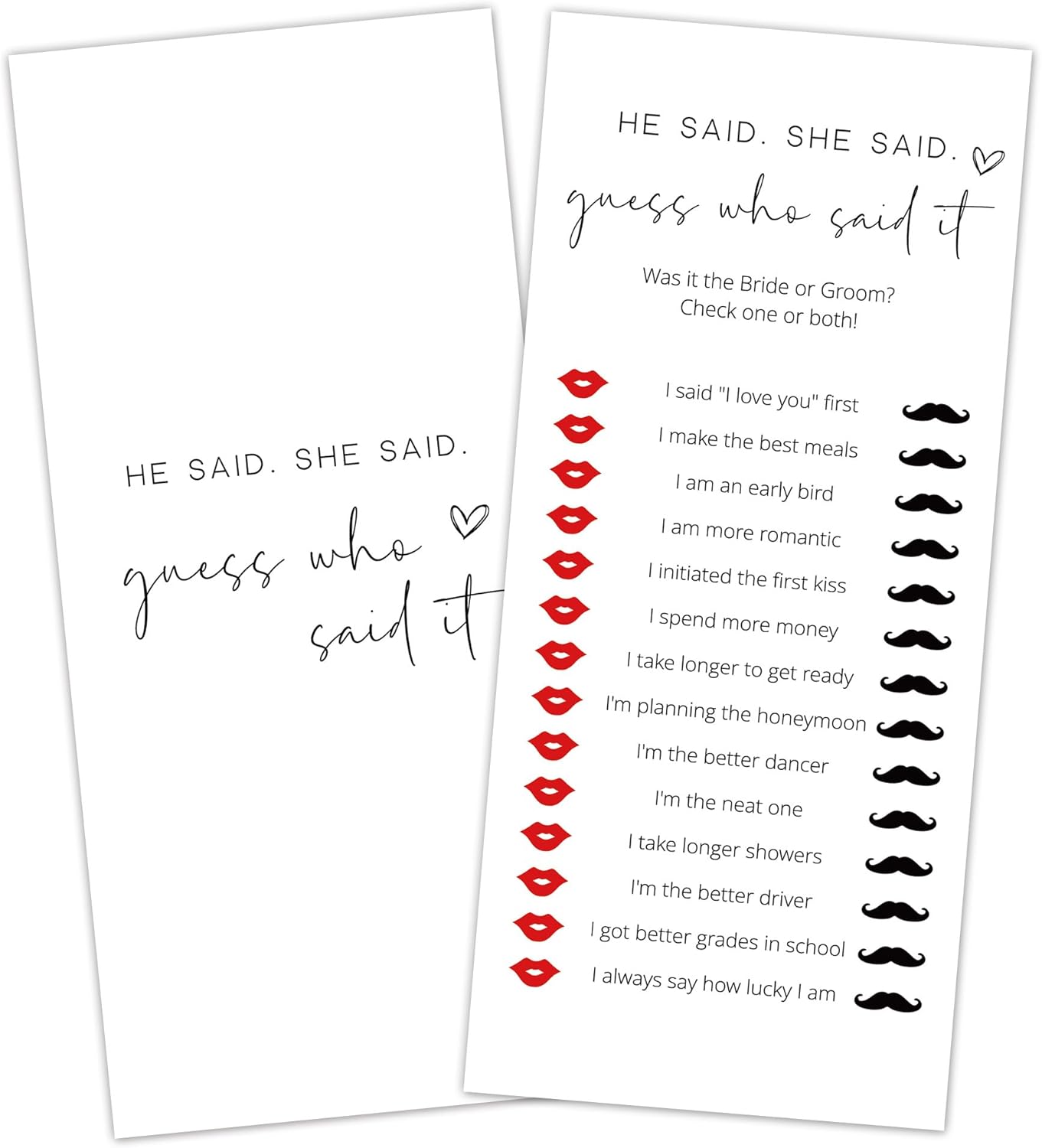 Bridal Shower Games, He Said She Said, 25Pcs 4x9inch Minimalist White Double-Sided Bridal Game Cards, Wedding Shower Games for Guests, Engagement Bachelorette Party Supplies - A12