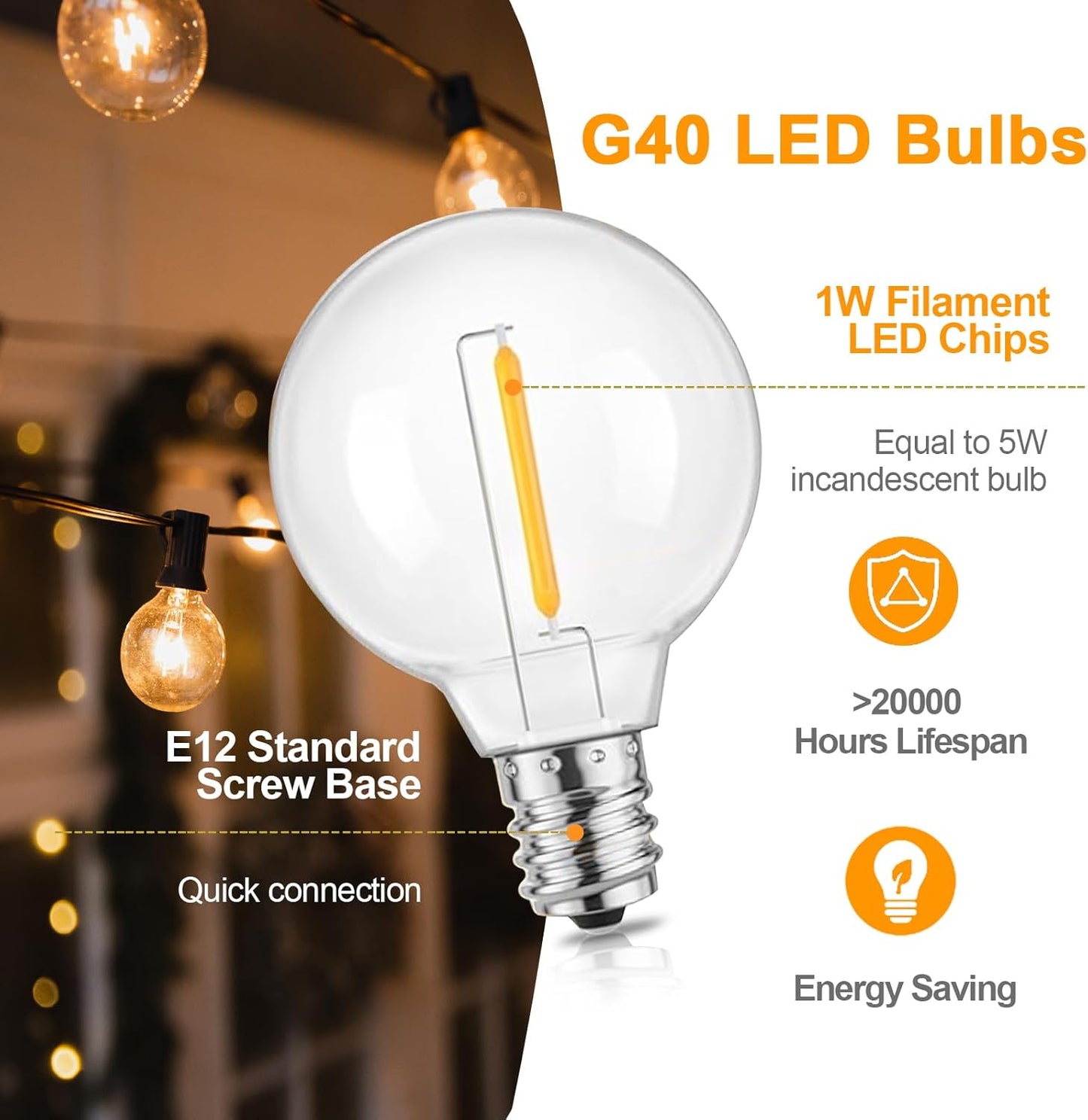 Outdoor String Lights, LED Patio Hanging Lights with Waterproof G40 Globe Plastic Bulbs for Outside Backyard Porch Garden Cafe Decor (25ft - 14 LED Bulbs)