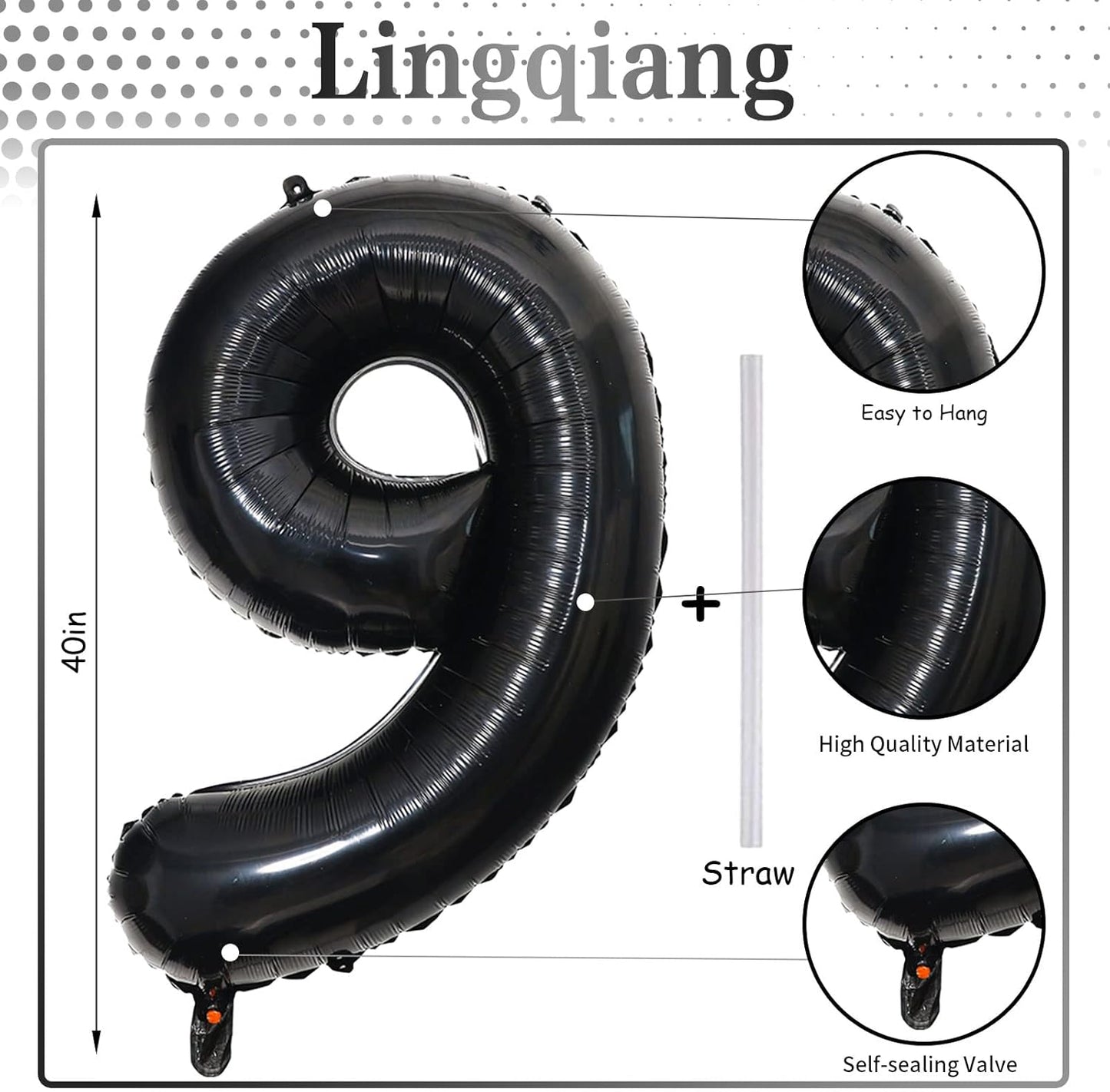40'' Black Number 9 Balloons, Giant Self Inflating Foil Number Balloons Set 0-9, Large Digital 9 Helium Balloon for Girls Boys 9th Halloween Birthday Party Decorations Anniversary Photo Shoot Supplies