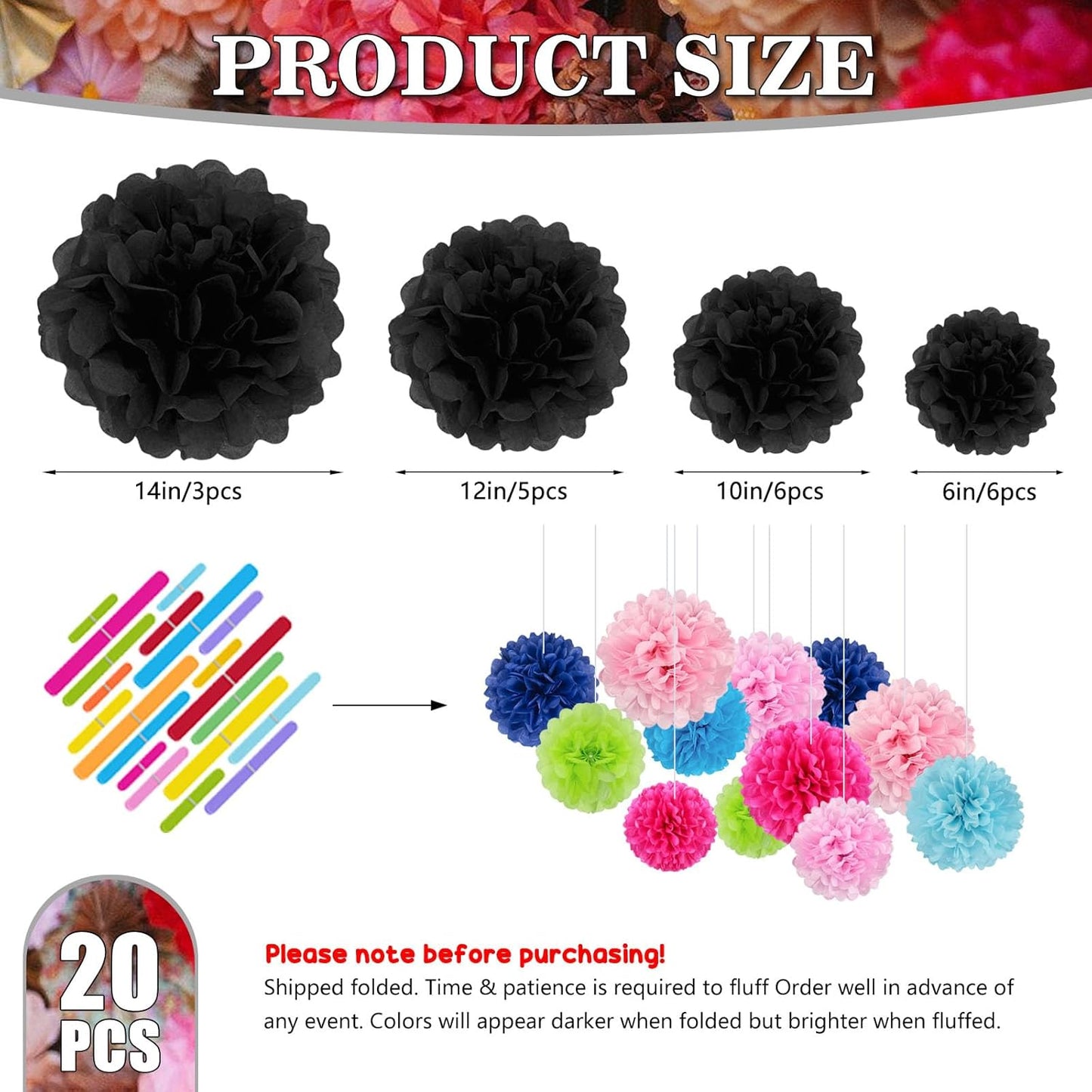 Tissue Paper Pom Poms, Black Tissue Paper Flowers, Hanging Flower Balls for Weddings Fiesta Parties Birthday Baby Showers Classroom Bridal Shower Decoration (20Piece Set-6/10/12/14Inch)