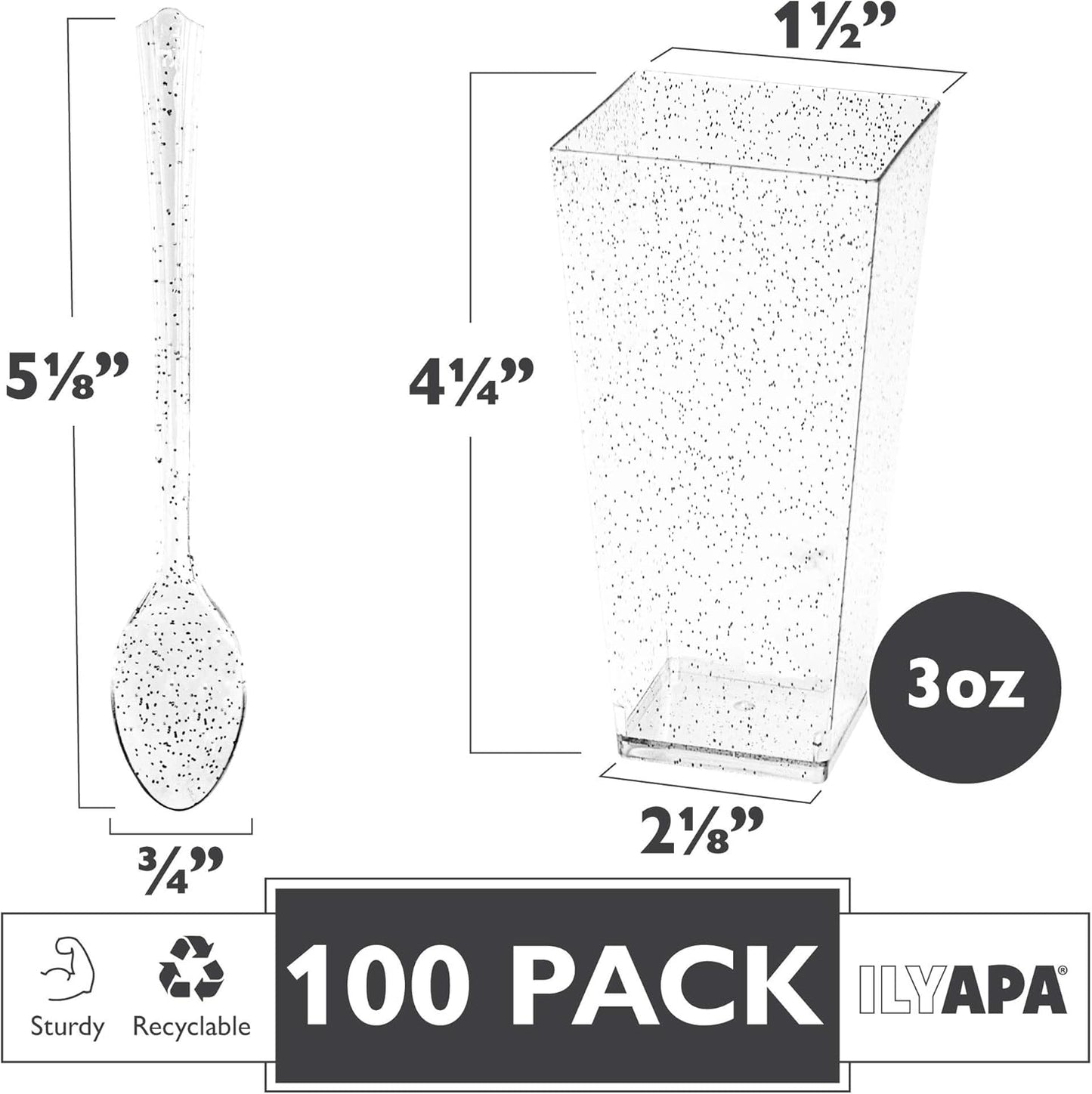 Ilyapa 3oz Plastic Dessert Cups - 100 Pack Mini Dessert Cups with Spoons - Clear Reusable Small Appetizer Cup for Cheesecake Shooters, Chocolate Mousse - Party and Catering Supplies - Square Silver