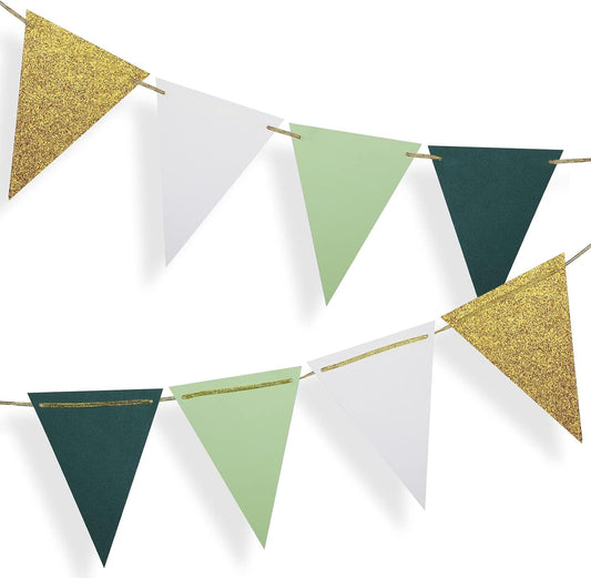 Fonder Mols Paper Pennant Party Decorations Large Gold Green(10 Feet), Triangle Flags Bunting, Paper Triangle Garland for Greenery Baby Shower Wedding Nursery Classroom Birthday Party
