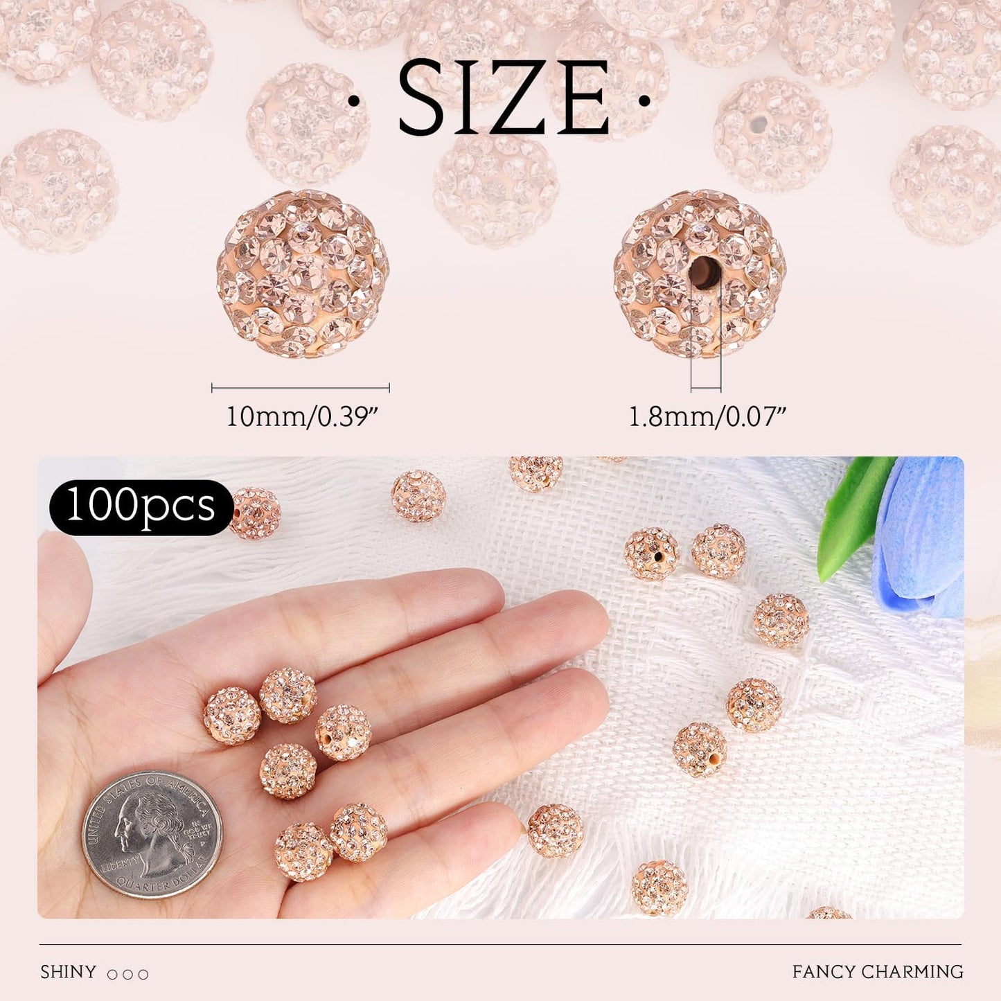 100 pcs 10mm Rhinestone Beads for Jewelry Making, Light Peach Shiny Round Shamballa Disco Beads Bulk, Sparkle Crystal Clay Christmas for Bracelet Baseball Necklace Earring Crafting and DIY