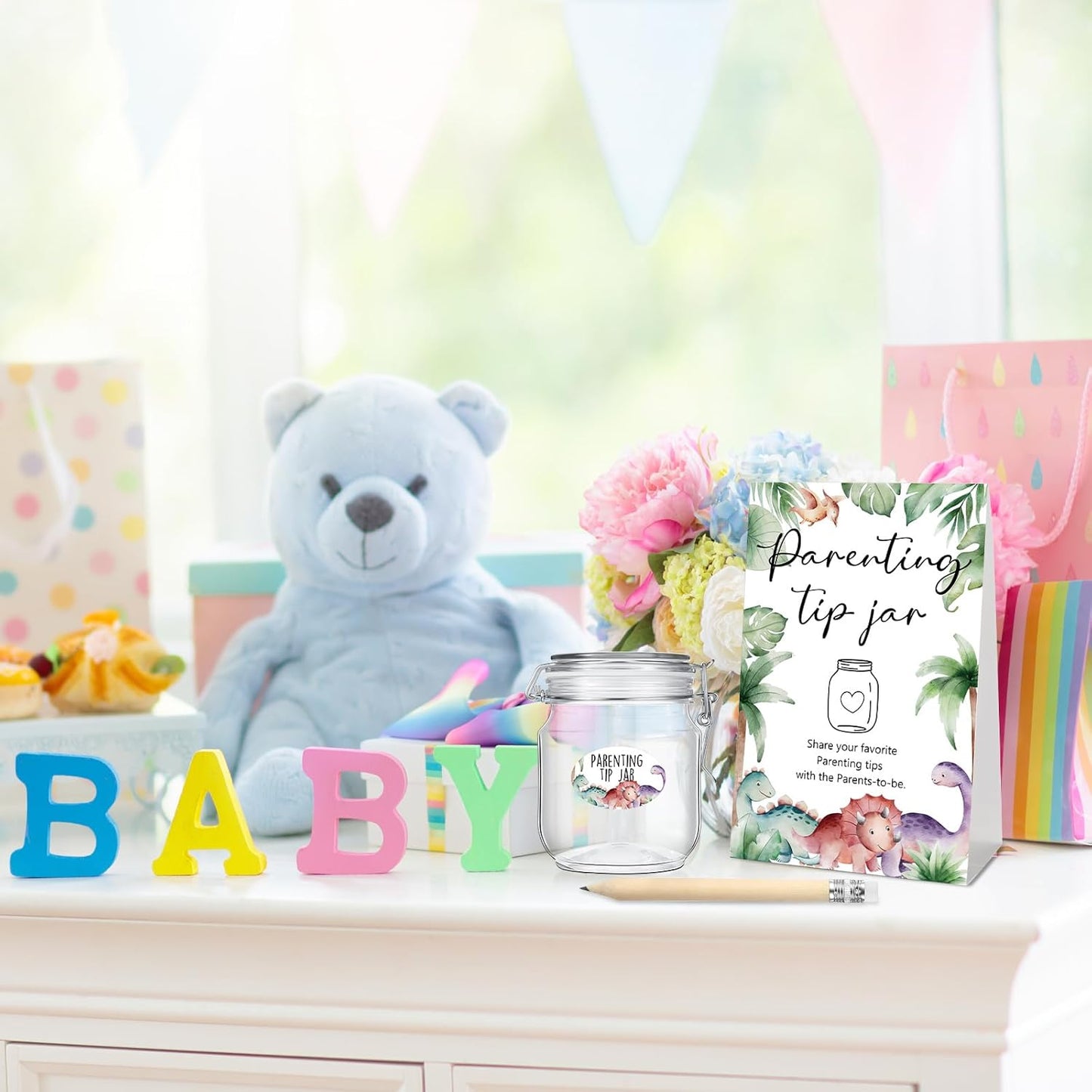 Roowest Baby Shower to Baby Advice Cards for New Parents to Be - Tip Jar Sign for New Parents 60 Parenting Advice Cards 10 HB Pencils 2 Cute Stickers 1 Pet Bottle for Guests Games(Dinosaur)