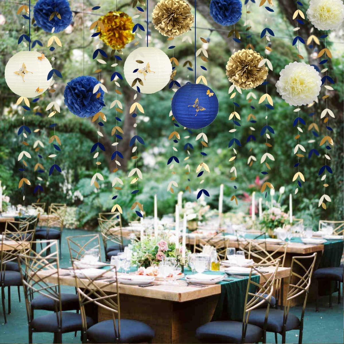 Navy Blue and Gold Party Decoration Kit Lanterns Flowers Pom Pom with Champagne Gold 3D Butterfly Stickers and Leaf Garland Streamers for Birthday Engagement Wedding Bridal Shower Bachelorette Party
