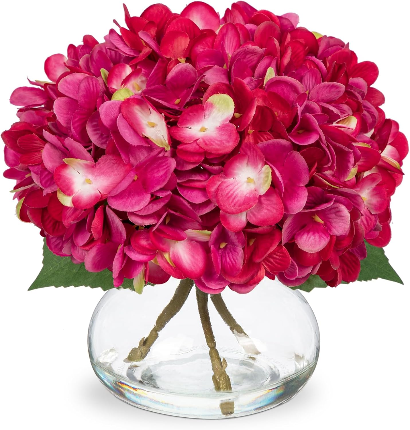 Hollyone Hydrangea Artificial Flowers with Glass Vase Fuchsia Silk Faux Flowers Arrangements in Vase with Faux Water Fake Floral Bulk Bouquet for Home Decor Table Centerpiece Decorations