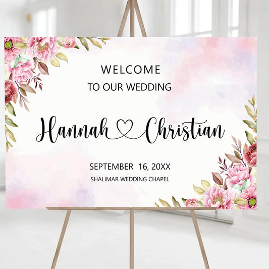 Ethereal Blush Wedding Welcome Sign Template, Editable Printable Modern Rose & Geranium Floral Sign for Ceremony or Reception, Wedding Decor Bundle