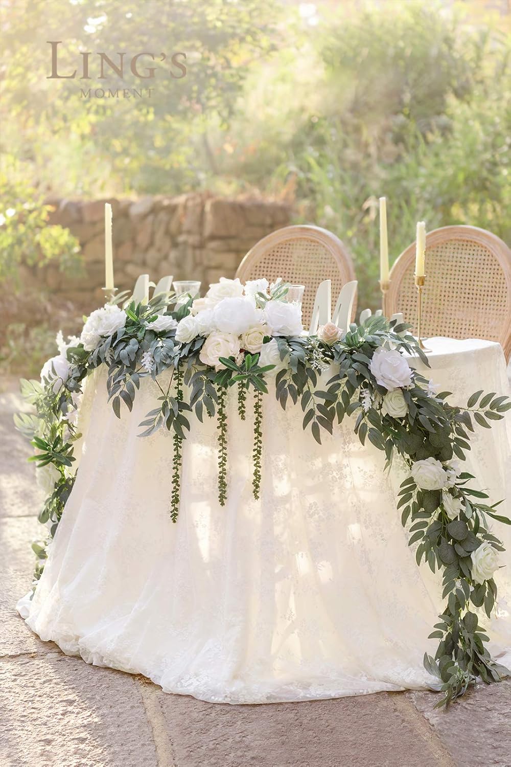 Ling's Moment 9FT Spring Flower Garland for Backdrop Decorations - Wedding Arch Flowers, Eucalyptus & Rose, Artificial Floral Garland for Mantel - Sweetheart Table Decor for Reception, White & Sage