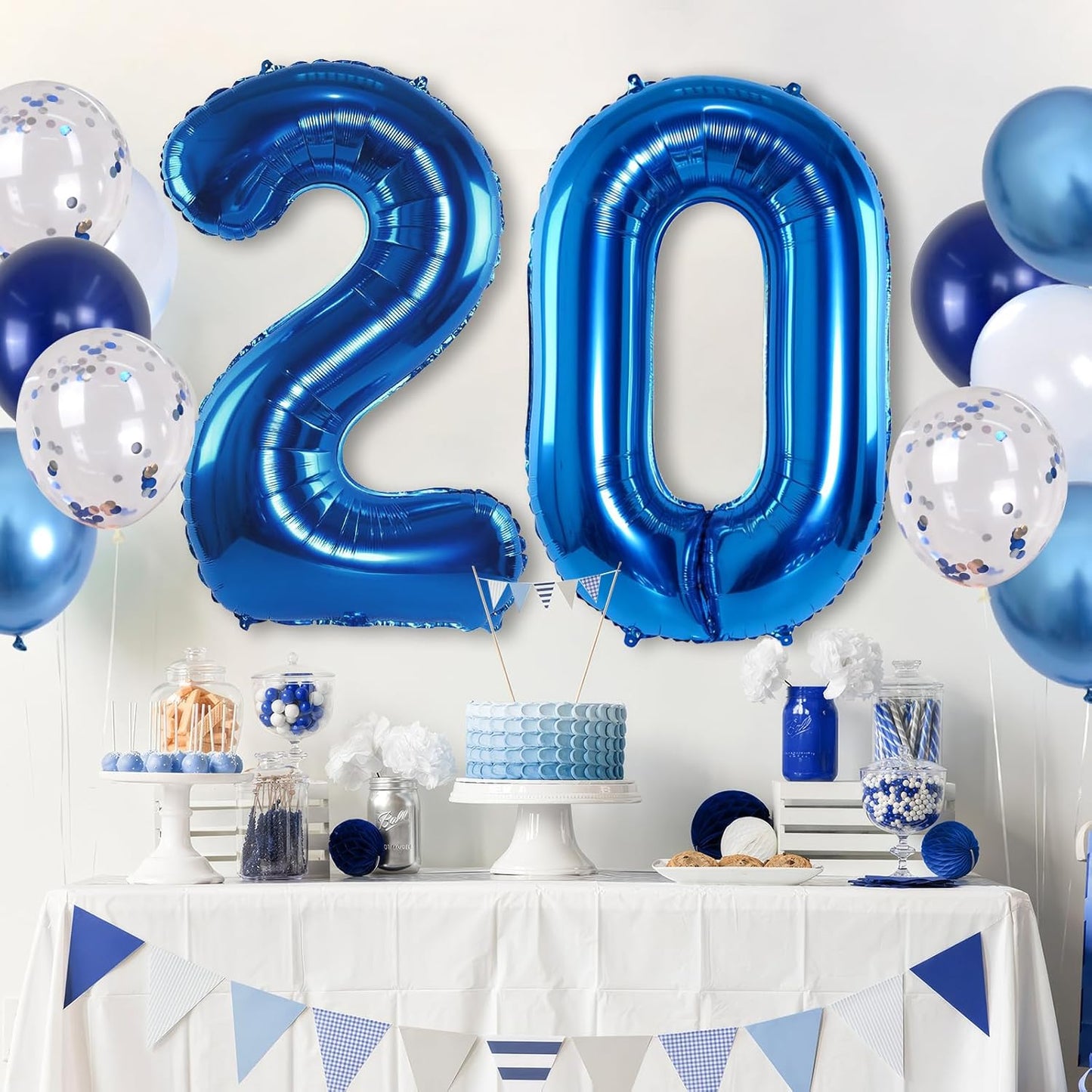 Dark Blue 20" Number 20 Balloon, Metallic Light Navy Blue Silver Confetti Balloon - Self Inflating Helium Foil for Men's 20th Birthday Party Decorations