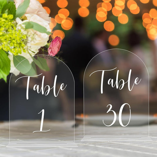 JOYIT Arch Wedding Table Numbers 1-30 with Stands – 5" X 7" Acrylic Table Signs with Clear Background White Text, Perfect Acrylic Table Numbers for Wedding Receptions, Parties, Anniversaries, and Events