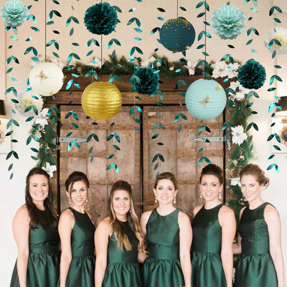 Hunter Green and Gold Hanging Tissue Lantern Flowers Pom Pom with 3D Butterflies Leaf Garland Streamer for Botanical Wedding Bridal Baby Shower Birthday Engagement Bachelorette Party Decorations