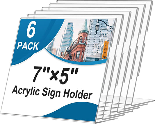 Horizontal Acrylic Sign Holder 5 x 7, L-Shape Clear Plastic Display Stand for Tabletop, Acrylic Stands for Flyers, Table Paper Holder, Vertical Sign Holder 5x7 for Restaurants, Office and School (Slant 6 Pack 7x5)