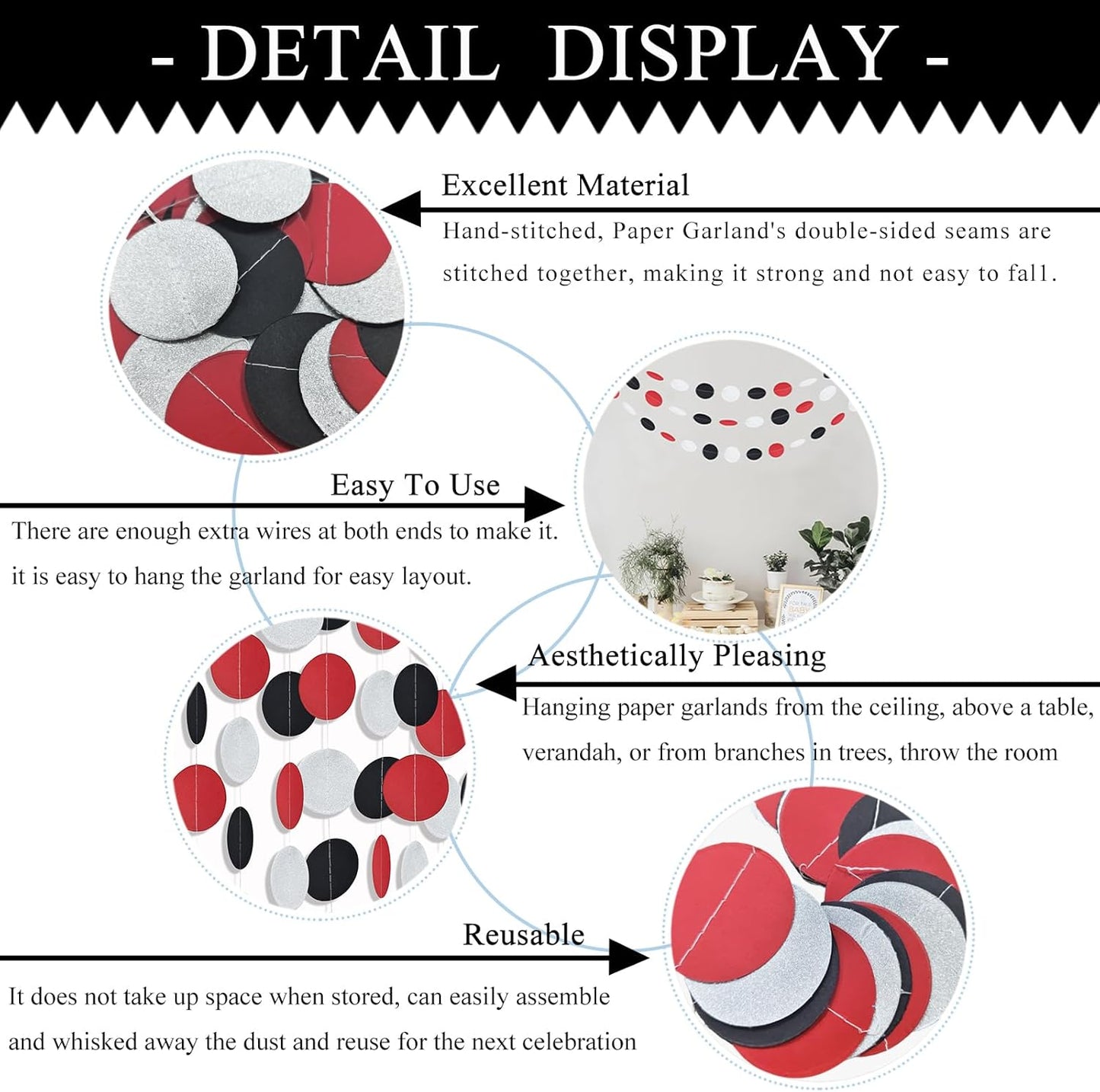 MerryNine Paper Garland 5 Pack, 50ft Glitter Paper Garland Circle Dots Hanging Decor, Banner for Baby Shower, Birthday, Nursery Party Decor (Red Black Silver)