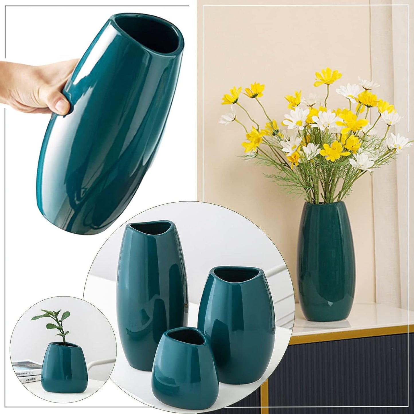 hjn Ceramic Vase Set of 3 Teal Flower Vase for Home Decor, Modern Decorative Vase for Flowers Vases for Your Ideal Shelf Decor/Table/Living Room/Kitchen/Office-Teal