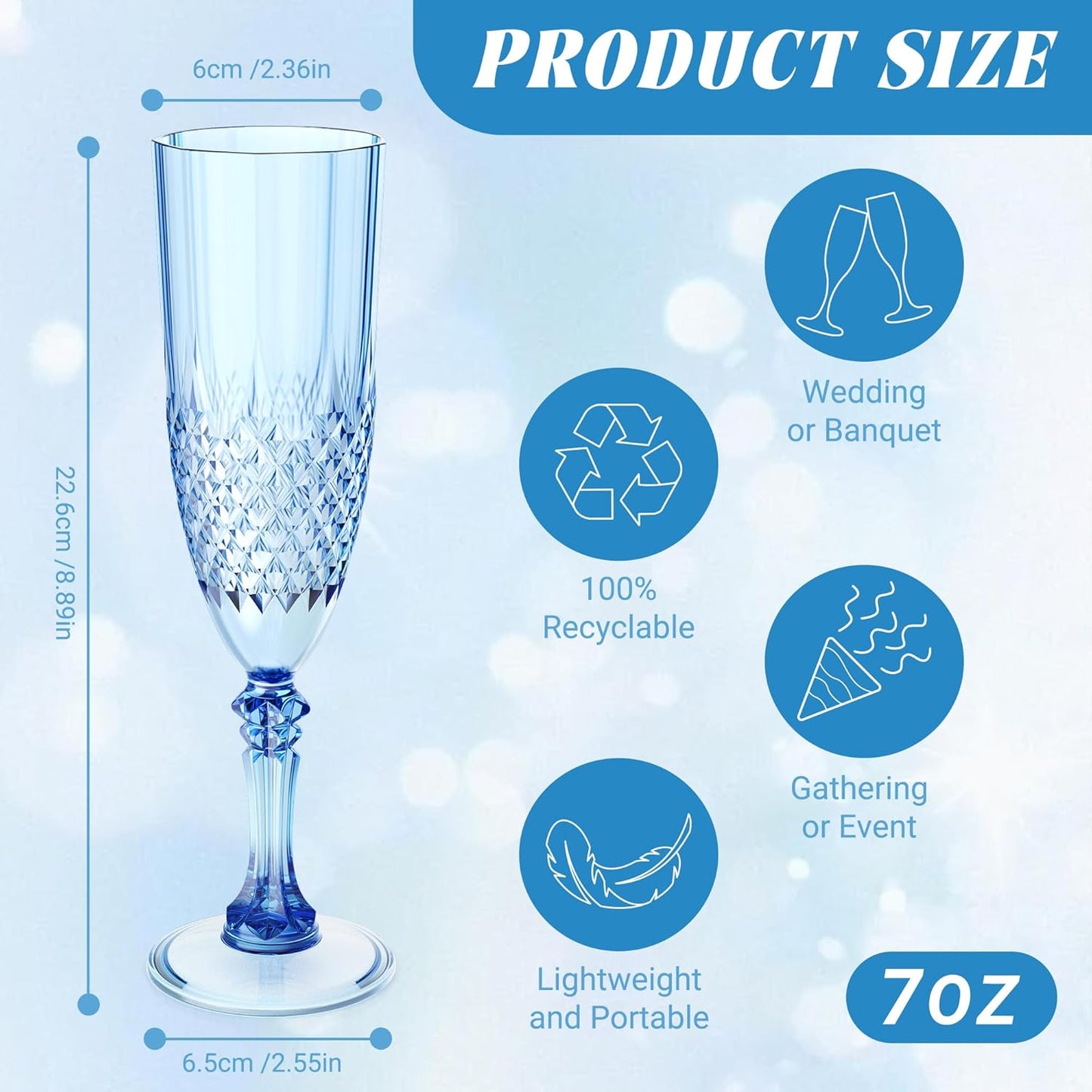 Plastic Champagne Flutes, 24PCS Blue Wine Glasses Goblets Cups Reusable Flute, for Weddings Bachelor Parties Toasting and Events (24, Blue)