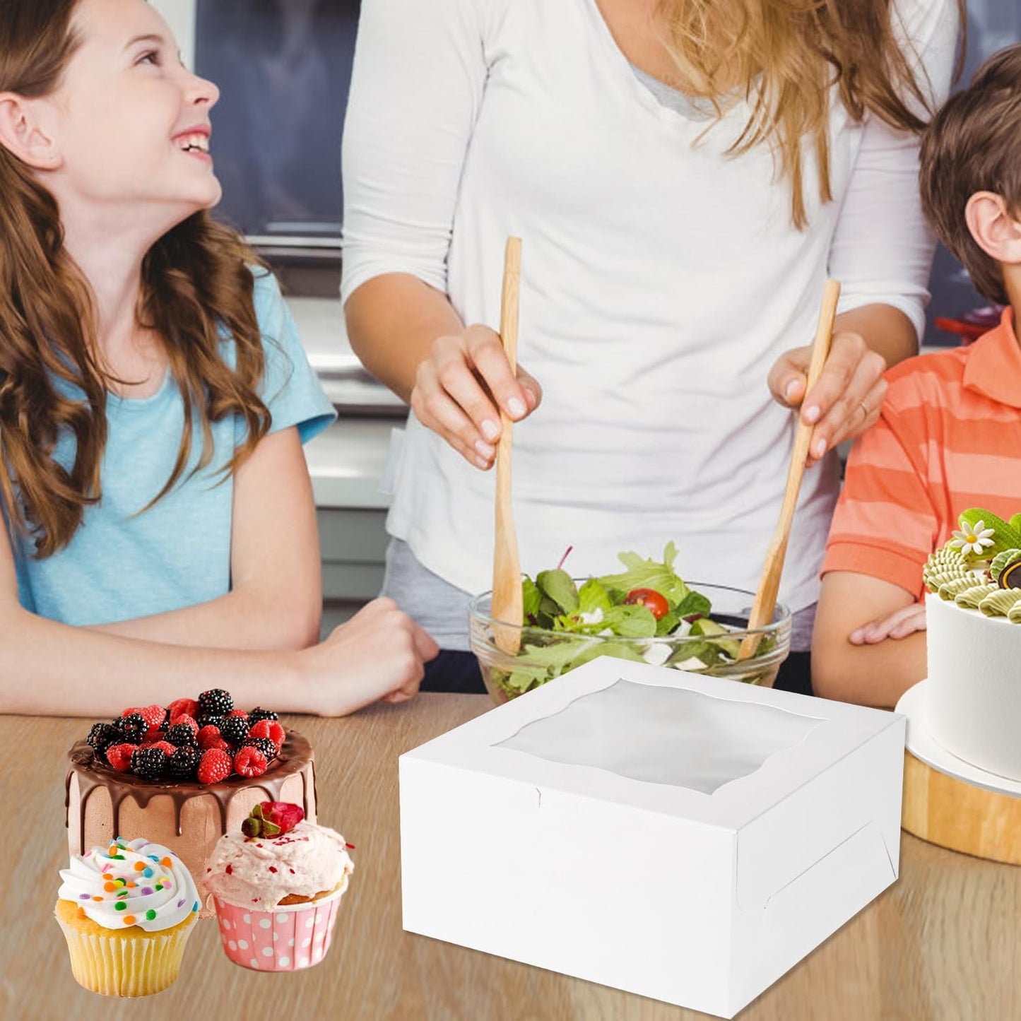 JCD 8 Packs 1+5 Cupcake Box Combo with Clear Window,1 small Cake and 5 Cupcakes Box with insert and Stickers, for Family Birthday Party Mother's day (1+5/8pcs)