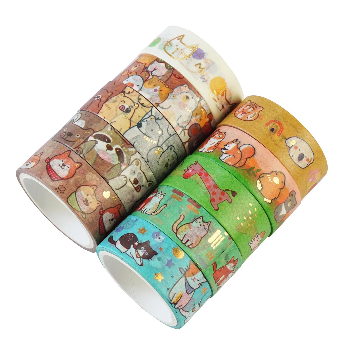 20 Rolls Cute Animals Washi Tape Set, Gold Silver Foil Cartoon Pets Decorative Tape for Bullet Journal, Planner, DIY Arts Crafts, Scrapbooking, Holiday Decoration