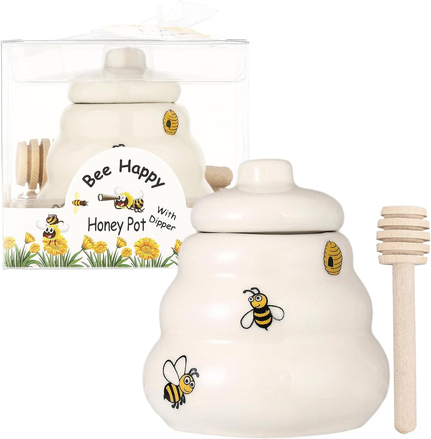 12 Sets Ceramic Bee-Happy Honey Pot with Dipper，Honey Jar Serving Set with Exquisiting Package for Wedding Favor,Bridal Shower Favor, Baby Shower Favor，Party Favor (12)
