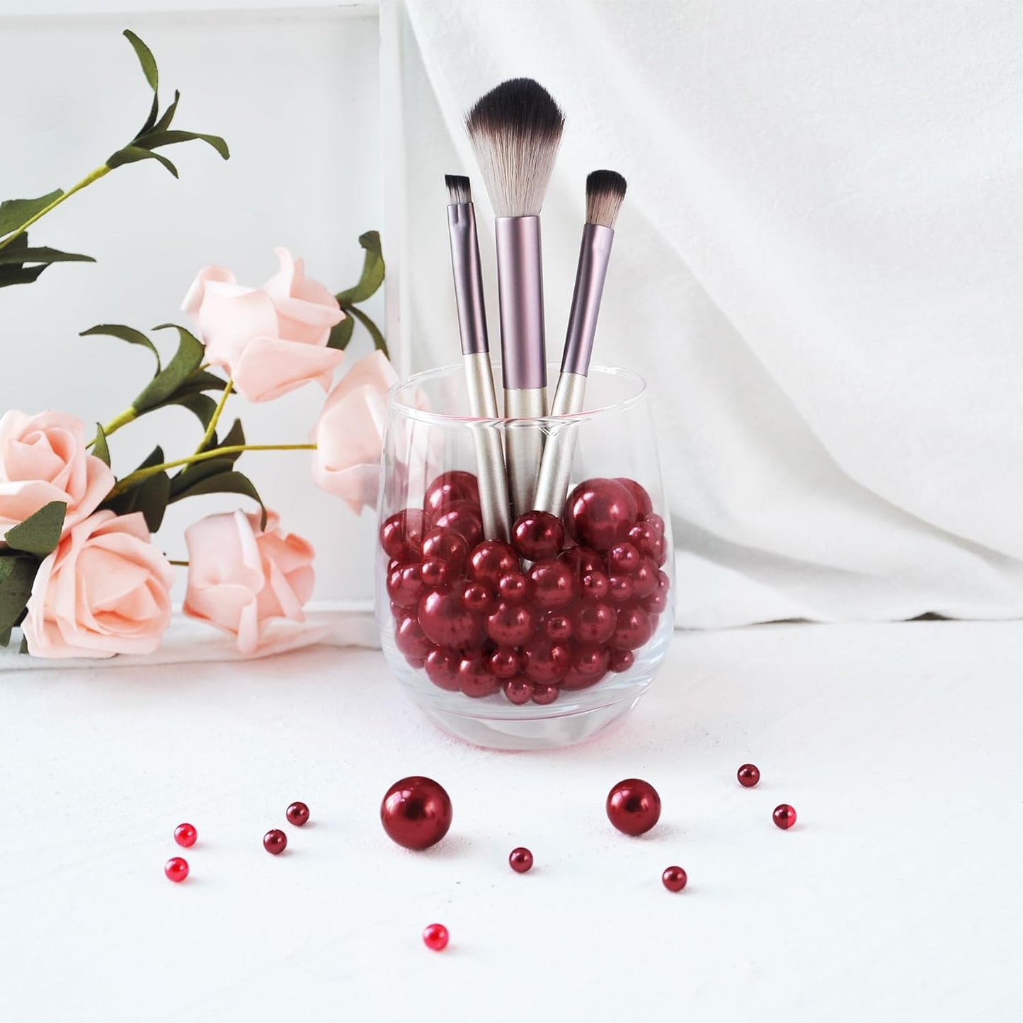 260Pcs Burgundy Glossy Beads for Centerpiece Decor, Artifical Pearls Vase Filler, No Hole Round Pearl Beads for Wedding Birthday Christmas Party Home Decor(18mm 14mm 6mm)