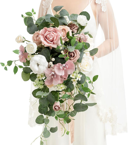 Ling's Moment Pink Bridal Bouquet for Bride, Dusty Rose Wedding Bouquets for Bride, 15 Inch Wedding Artificial Flowers