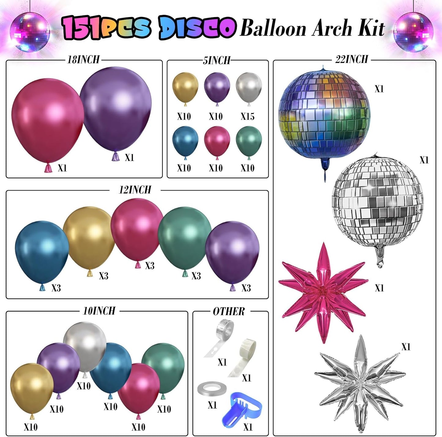 150Pcs Metallic Disco Balloon Arch Garland Kit, Chrome Purple Hot Pink Blue Silver Disco Ball Star Balloons for Men Women 80s 90s Birthday Party Decorations Graduation Space Neon Supplies