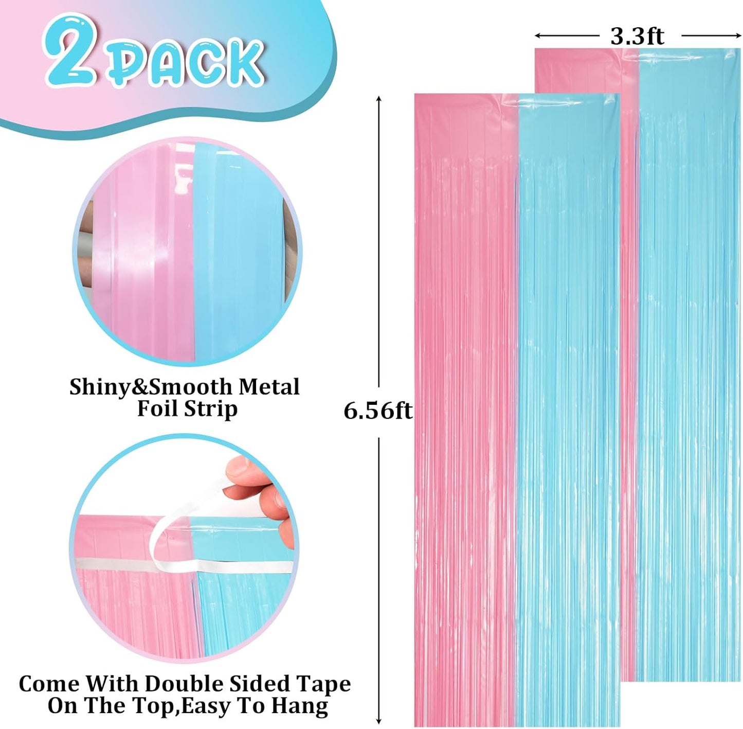 2 Pack Pastel Blue and Pink Foil Fringe Backdrop Curtains, Tinsel Streamers Party Decorations, Fringe Backdrop for Gender Reavel, Baby Shower Party