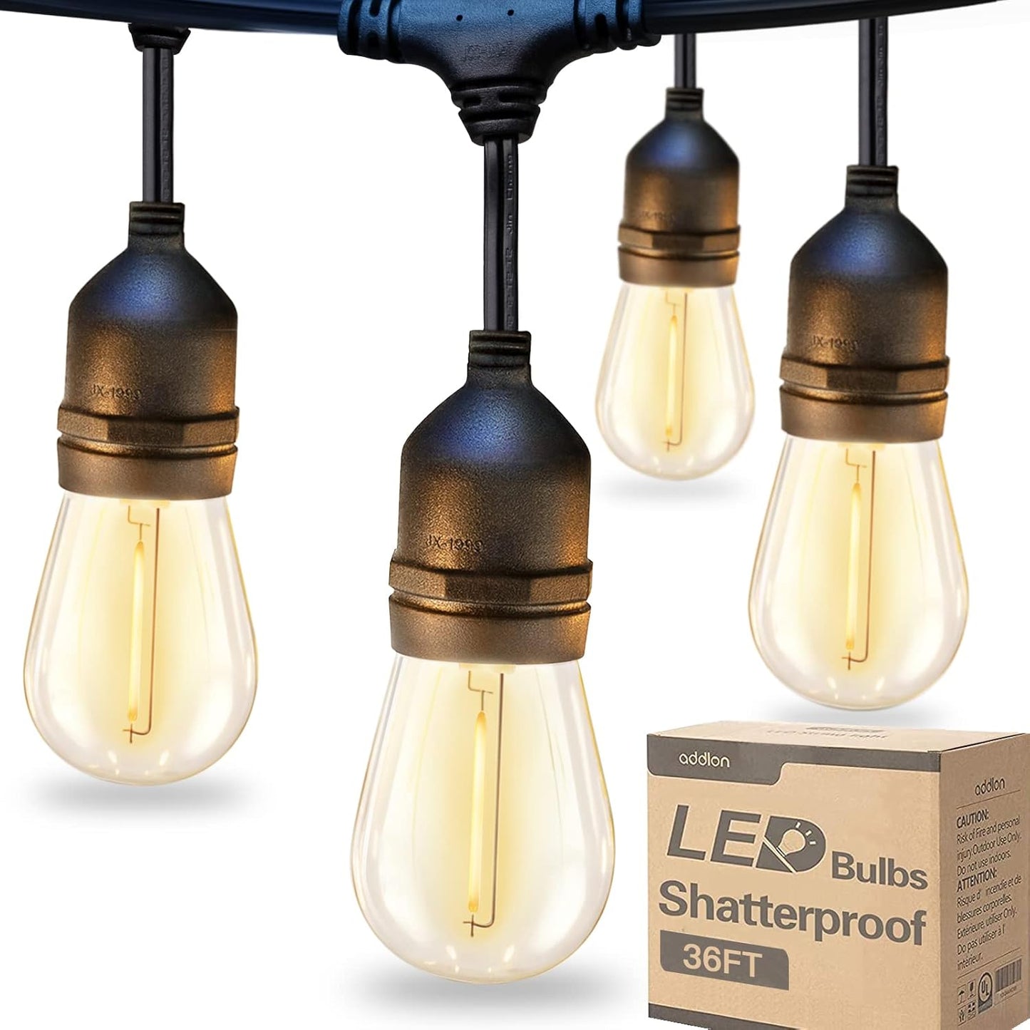 addlon LED Outdoor String Lights 36FT with Dimmable Edison Vintage Shatterproof Bulbs and Commercial Grade Weatherproof Strand - ETL Listed Heavy-Duty Decorative Lights for Patio Garden