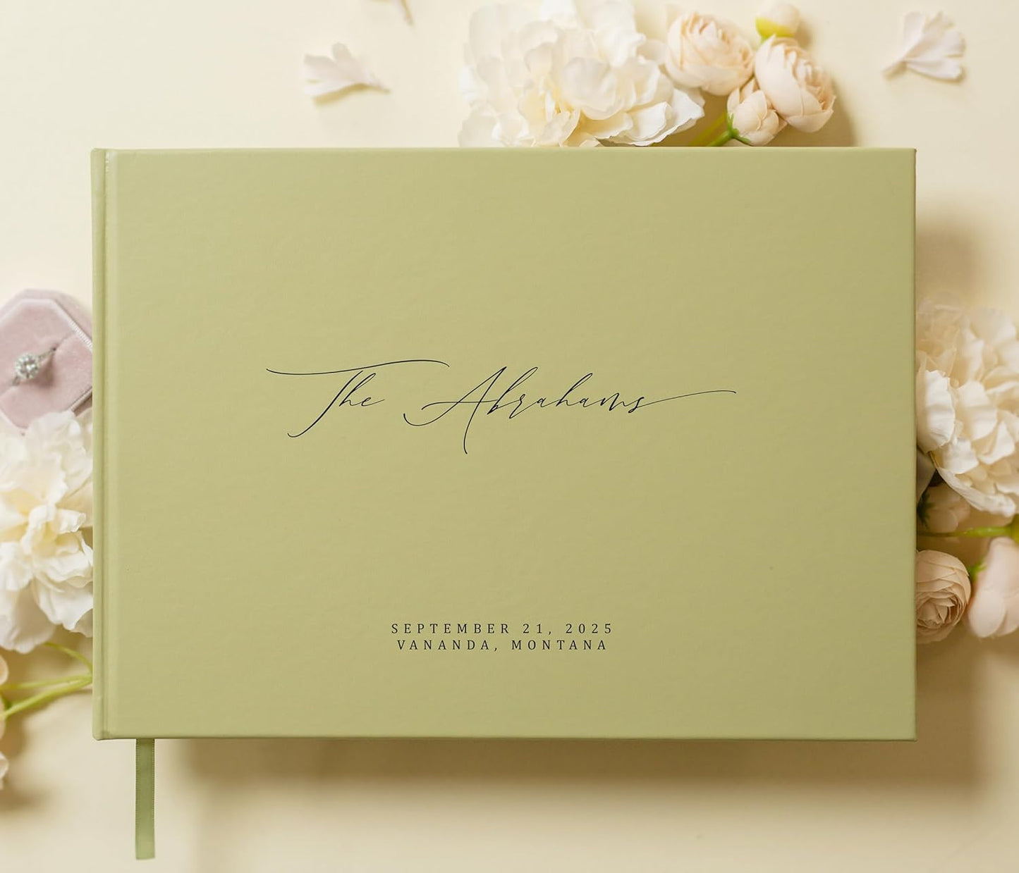 MUUJEE Personalized Guestbook in Sage - Premium Custom Modern Guest Book for Wedding Reception, Birthday Party or Events w/Bookmark Blank Pages for Signing 11.5 x 8.5 inches