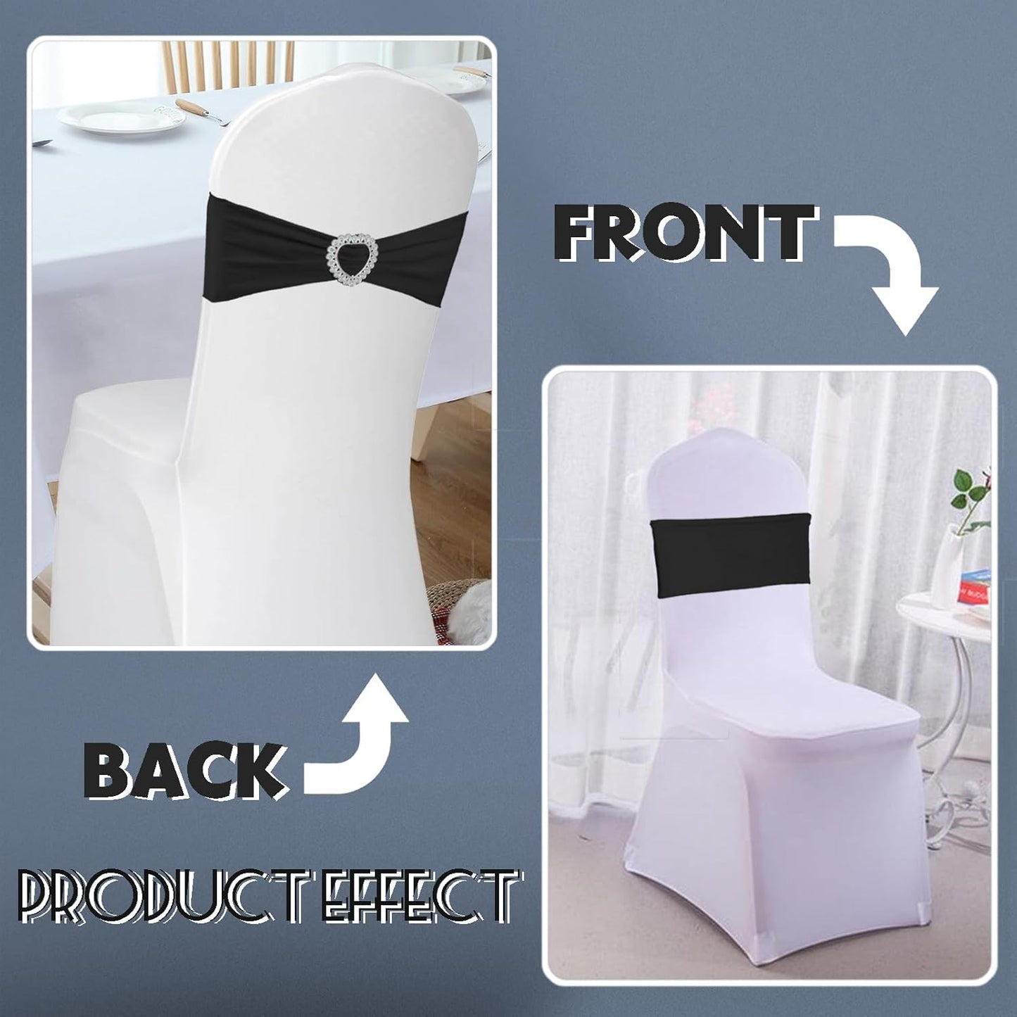 100PCS Spandex Stretch Black Chair Sashes Bows Universal Elastic Chair Cover Bands Ties with Buckle Slider for Wedding Party Birthday Reception Event Banquet Decoration(Black)