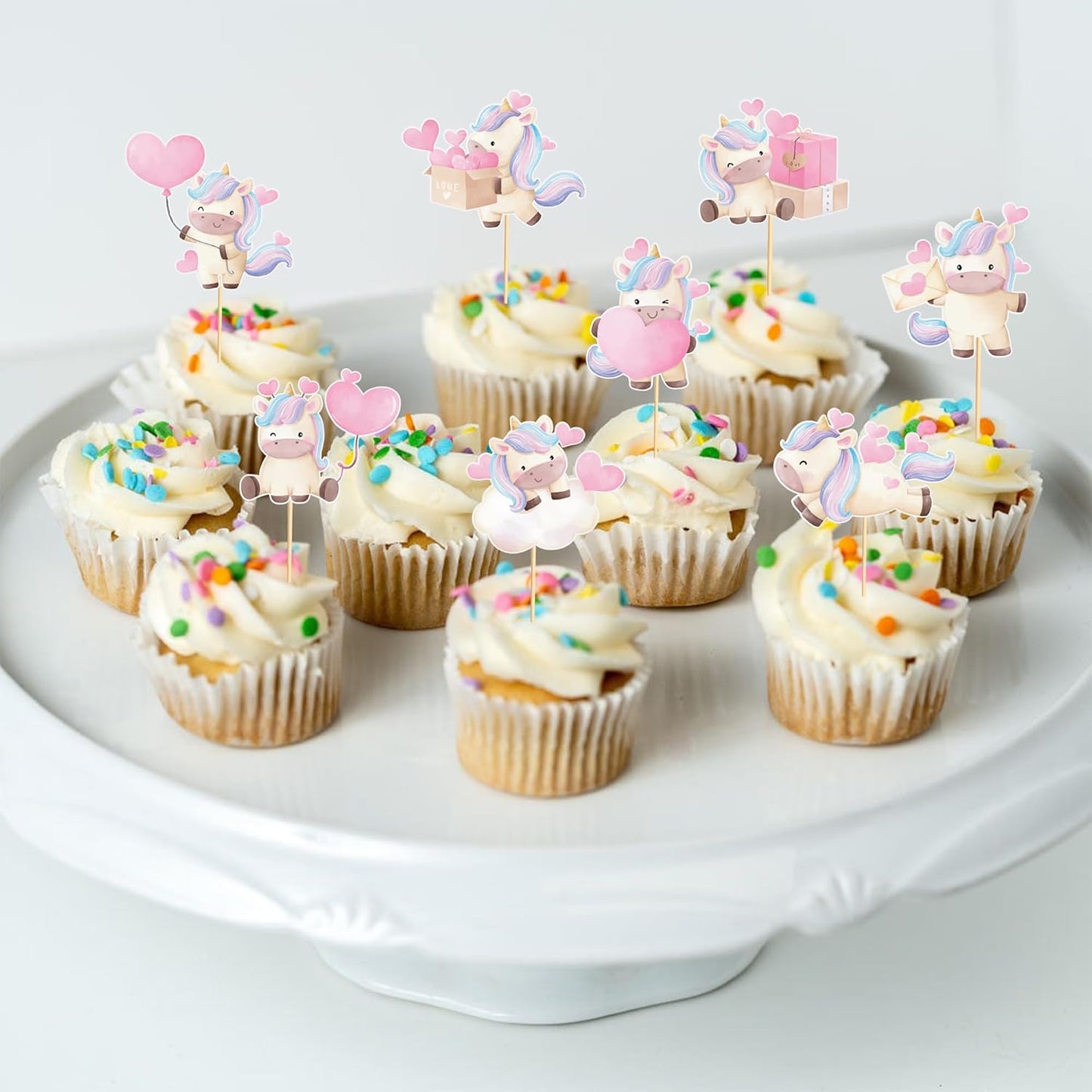 24pcs Unicorn Cupcake Toppers with Heart Unicorn Party Decoration Suitable for Baby Shower Valentine's Day Birthday Party Decoration
