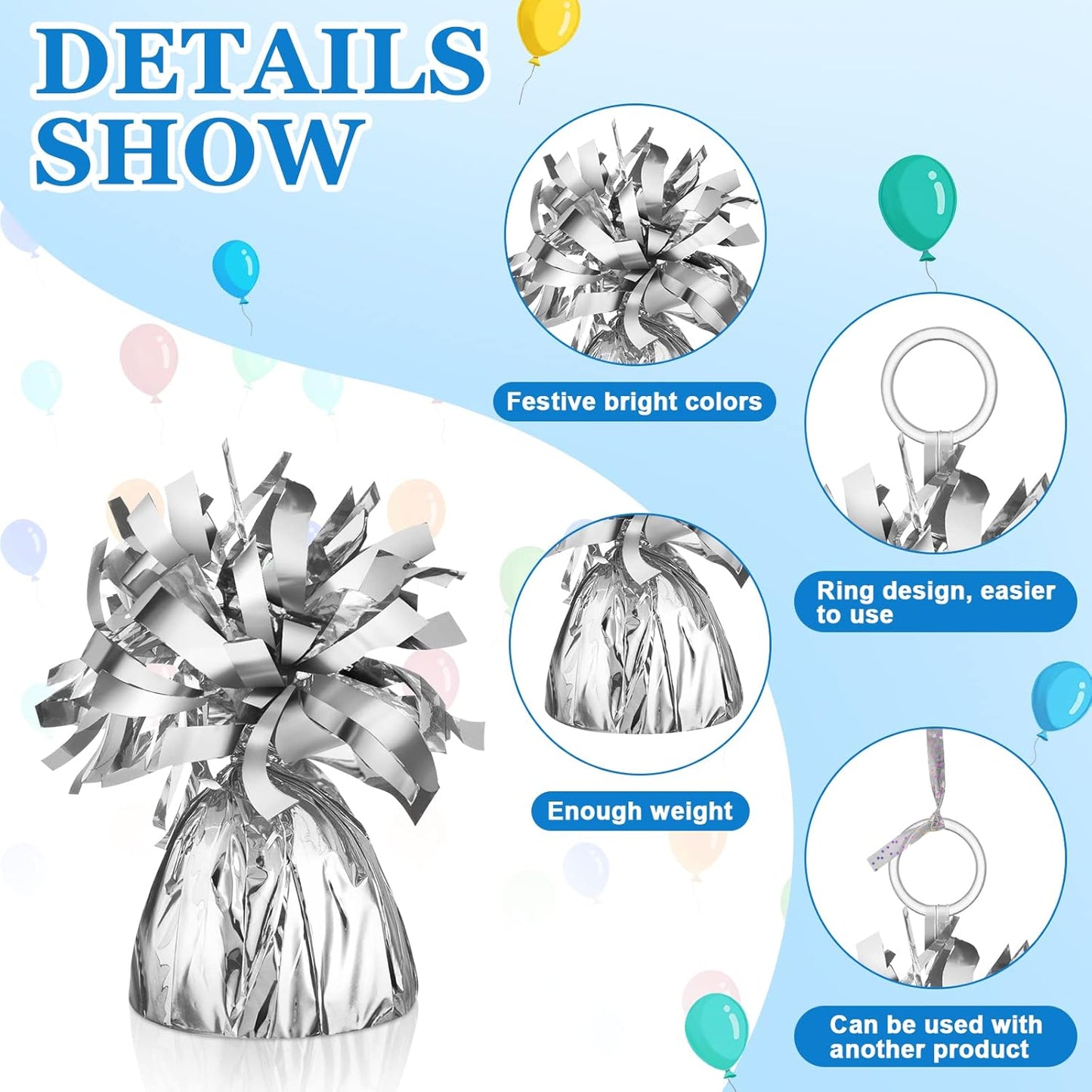 24 Pcs Balloon Weights Metallic Anchor Balloon Holder for Helium Balloons Heavy Table Weights and 1 Roll Iridescent Crimped Ribbon for Birthday Wedding Halloween Christmas Party(Silver)