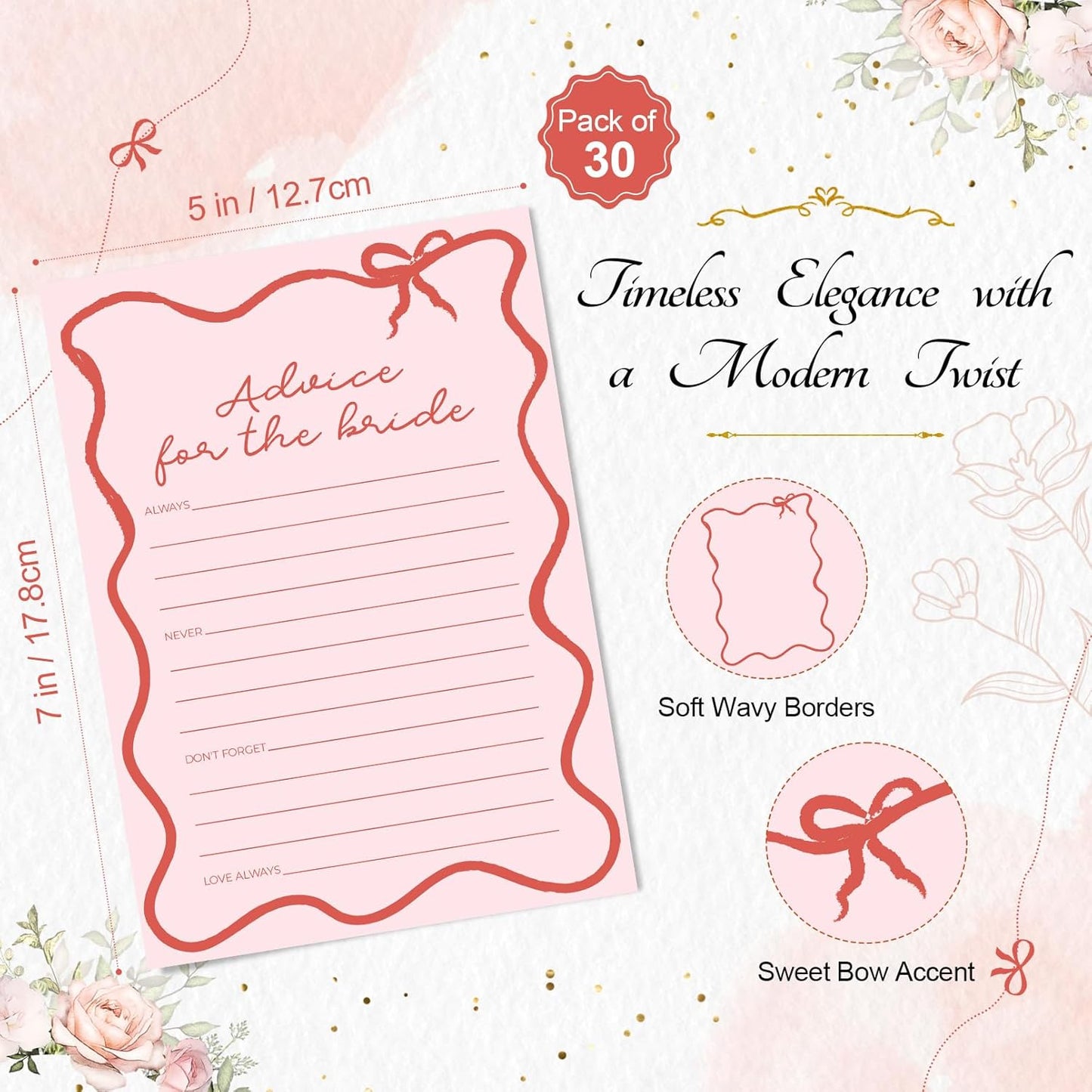 DEEKA 30 PCS Bridal Shower Games Card for 30 Guests Pink Wavy Border Ribbon Bow Funny Wedding Bachelorette Party Games for Reception (Advice for The Bride)