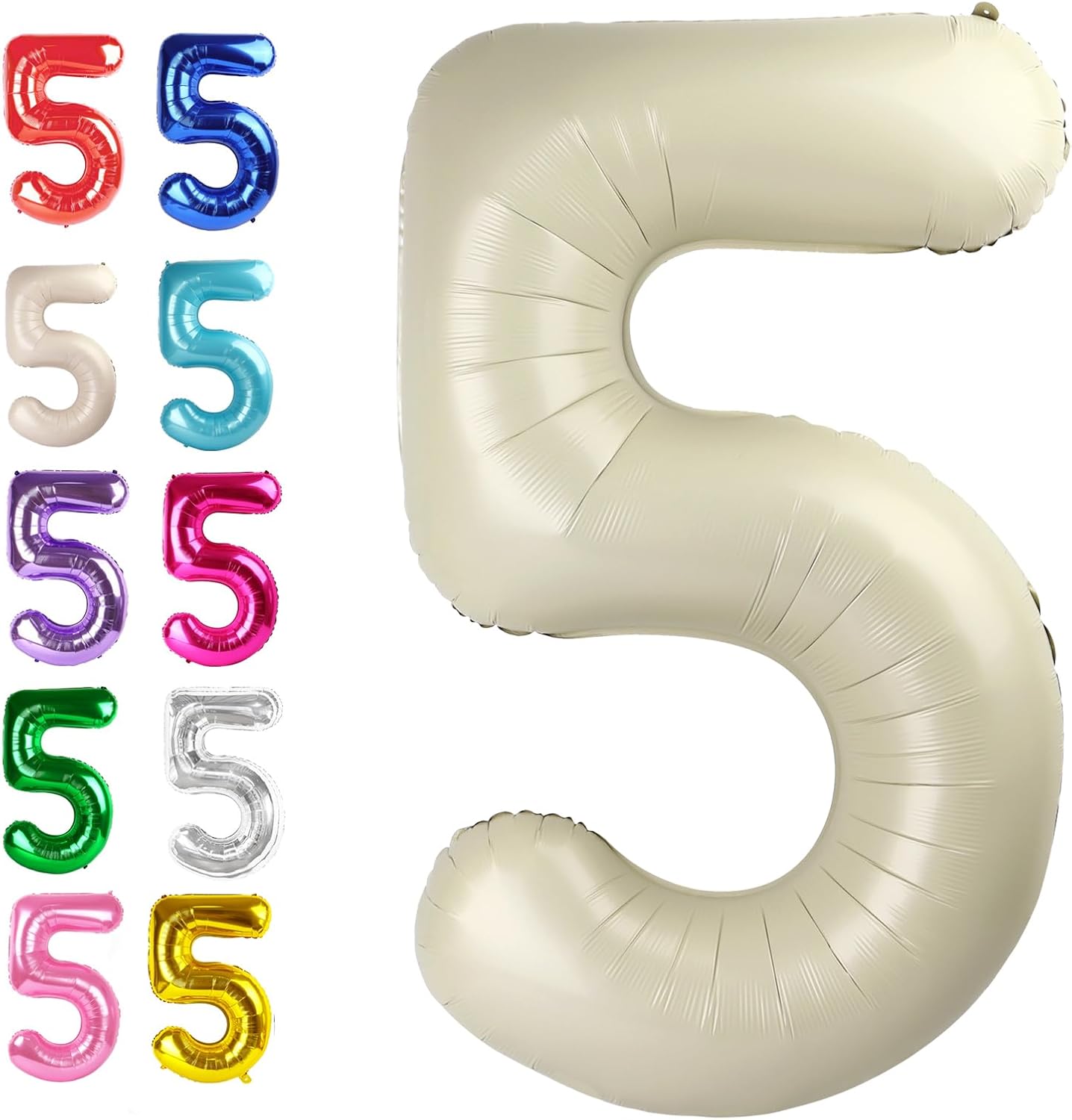 Cream White 40 Inch Large Number 5 Birthday Balloon, Five 5th 15 25 35 50 55 Birthday Celebration Decorations, Foil 5 Mylar Helium Number 5 Balloons Girl Boy Anniversary Party Supplies