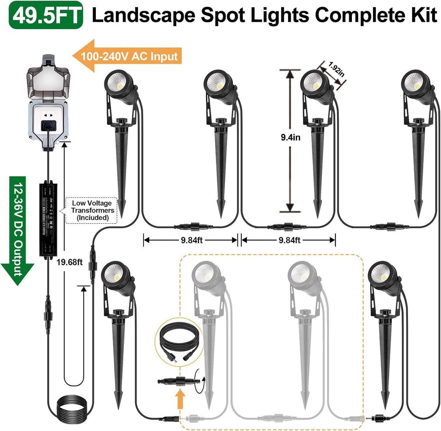 Outdoor Landscape Lighting, 4 Pack LED Outdoor Spot Lights with Transformers, 12V Warm White Low Voltage Landscape Lights IP65 Waterproof Plug in Spotlight for Yard House Pathway Tree Pools