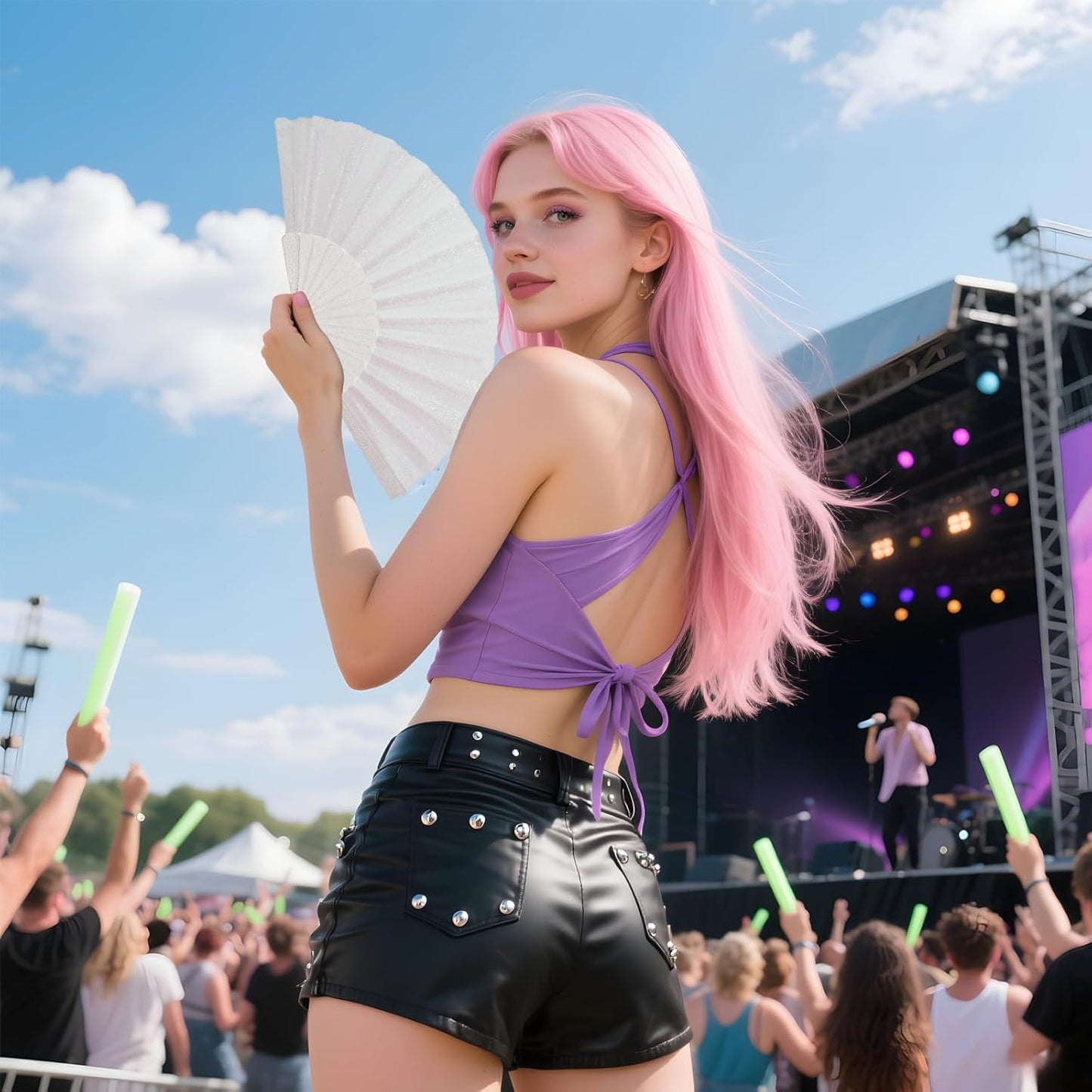 24 Pack Handheld Fan,Folding Hand Glitter fan with Shining Transparent Fan Rib – Ideal for Wedding, Church, Festival, Dance, Tea Party, Club, and EDM Accessories, White