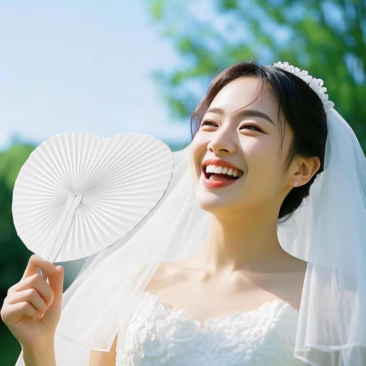 12 Pcs Decorative Paper Folding Hand Fans Handheld,White Heart Foldable Wedding Fans Chinese and Japanese Fans Bulk for Bridal Guest Church Party Favors Dancing Birthday DIY