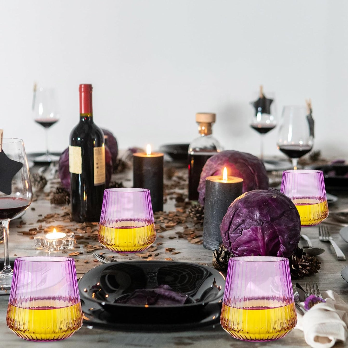 Suclain 50 Pcs Plastic Wine Glasses Ribbed Stemless Wine Glasses 14oz Vertical Design Unbreakable Cups for Outdoor Indoor Vintage Elegant Champagne Whiskey Cups for Party Wedding (Purple)