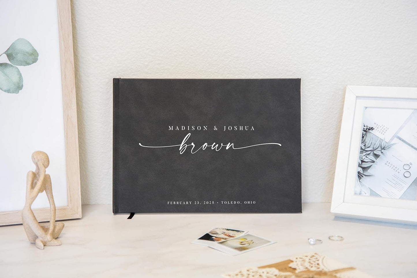 Personalized Guest Book - 11.5" x 8.5" Custom Bride & Groom Names with Bookmark and Hard Cover 140 GSM Blank Pages, for Weddings Guest Book, Engagements, Birthdays, Special Events, Charcoal