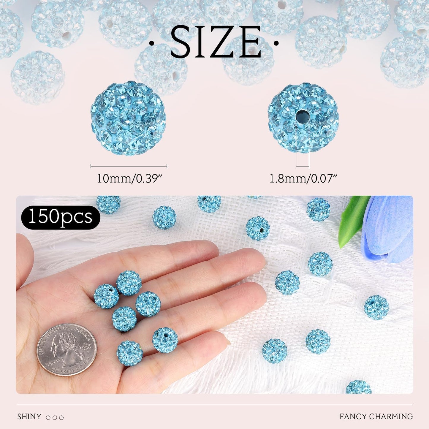 150 pcs 10mm Rhinestone Beads for Jewelry Making, Aquamarine Shiny Round Shamballa Disco Beads Bulk, Sparkle Crystal Clay Christmas for Bracelet Baseball Necklace Earring Crafting and DIY