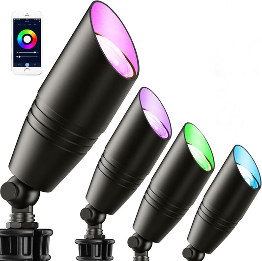 Smart RGB Low Voltage Landscape Lighting, 12V Color Changing Outdoor Spot Lights, Waterproof IP65 LED Garden Lights with App Control, Warm White to Multicolor, Uplight for Driveway (4Pack)