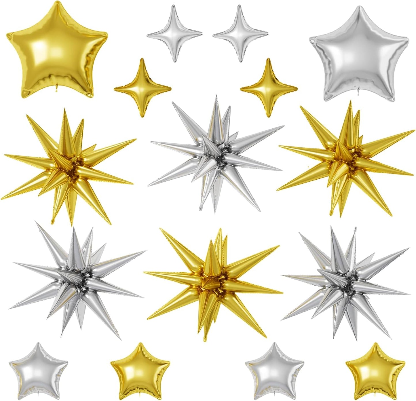 16 Pcs Gold Silver Star Balloons, 22/18/10 Inch Foil Balloons, Four-Pointed Balloon for Kids Men Birthday Graduation Wedding Bridal Baby Shower Party Decorations