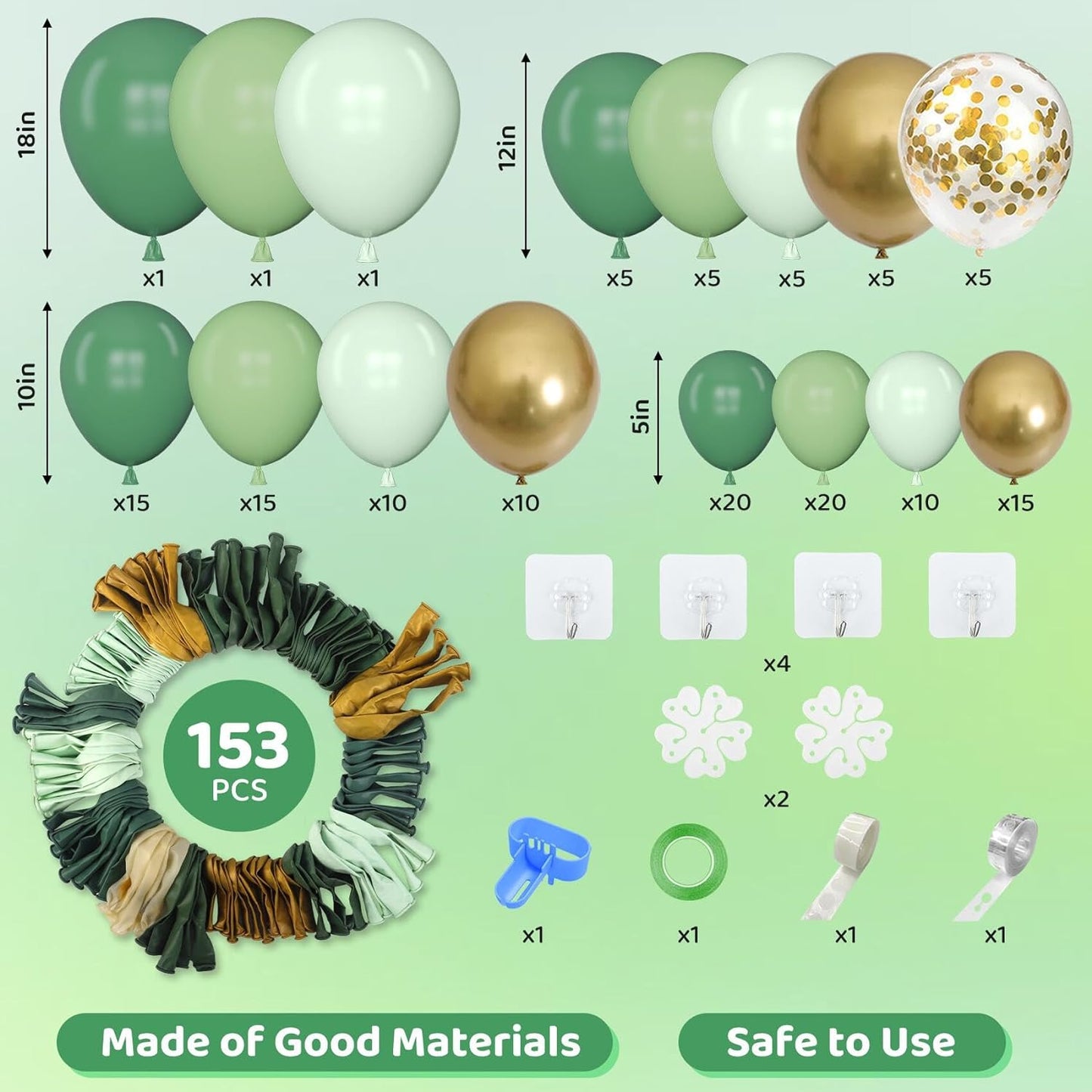 Amandir 153pcs Sage Green Balloon Garland Arch Kit, Different Sizes 18 12 10 5 inch Sage Green Gold Latex Metallic Confetti Gold Balloons for First Communion Safari Baby Shower Baptism Decorations