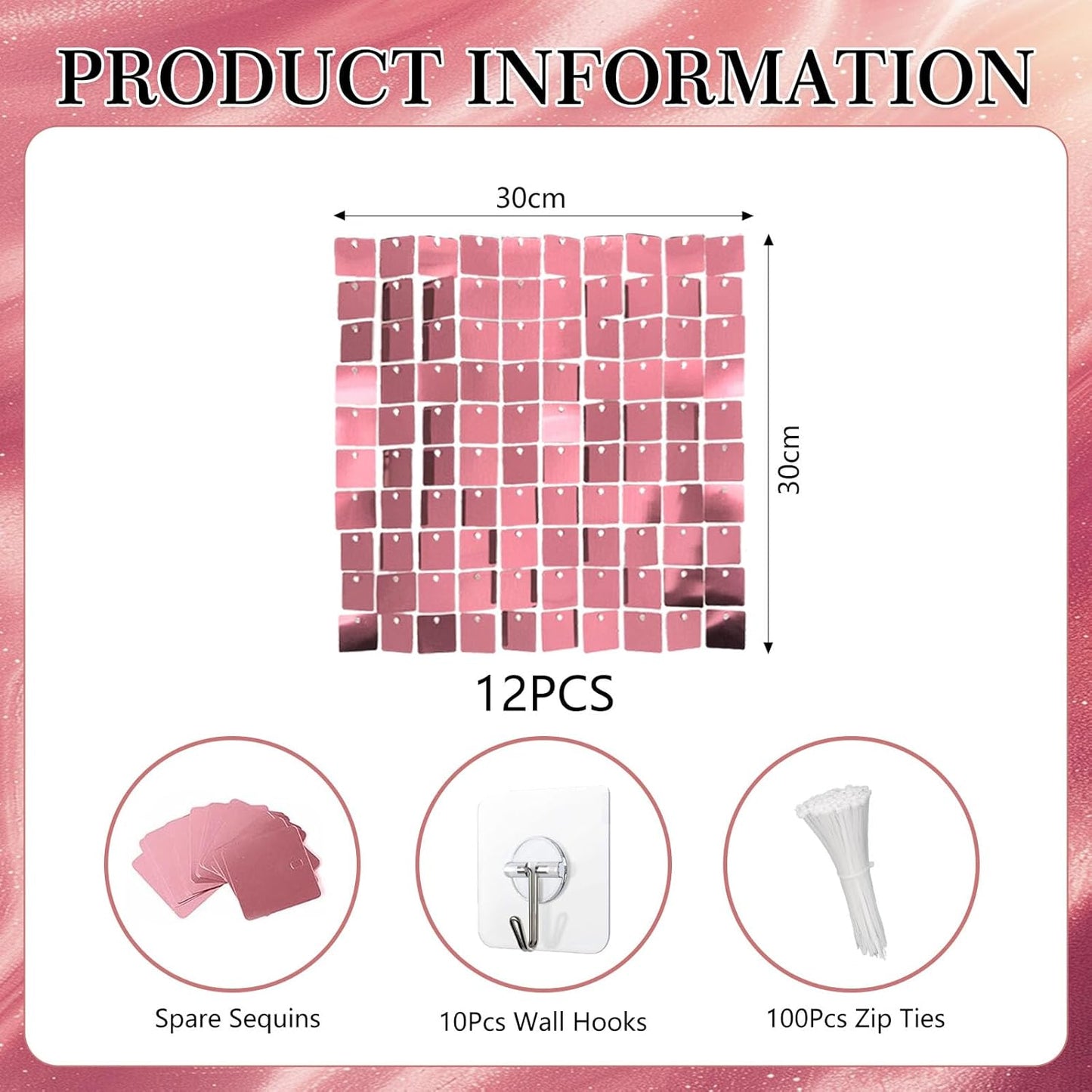 12PCS Pink Shimmer Wall Backdrop, Square Sequin Photo Backdrops Panel, Glitter Wall Background for Birthdays, Weddings, Graduation, Engagements, Disco Bachelorette Party Decoration (3FTx4FT)