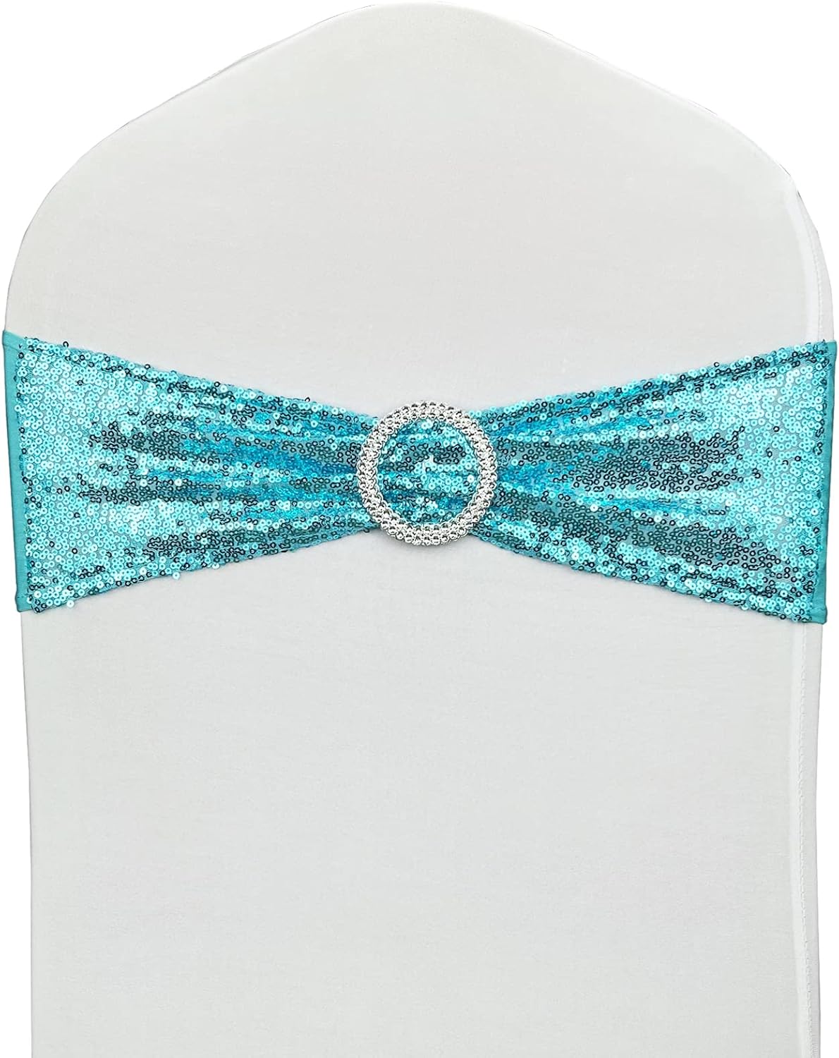 Chair Sashes Sequin Stretch Chair Bands Spandex Polyester Bows for Party Hotel Wedding Banquets Decoration - 6 Pcs Aqua
