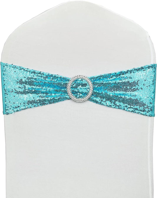 Chair Sashes Sequin Stretch Chair Bands Spandex Polyester Bows for Party Hotel Wedding Banquets Decoration - 6 Pcs Aqua