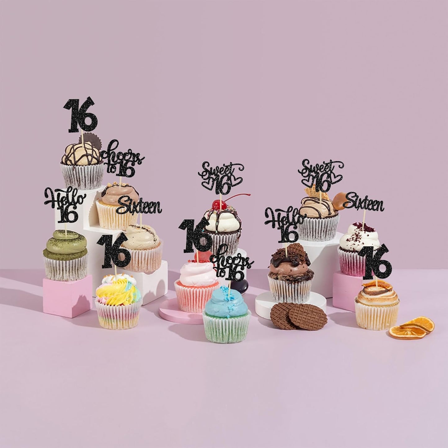 30pcs 16th Birthday Cupcake Toppers - Sixteen Happy Cupcake Picks, Cheers to 16 Sweet 16 Cake Decorations for 16th Birthday Party Supplies - Black Glitter