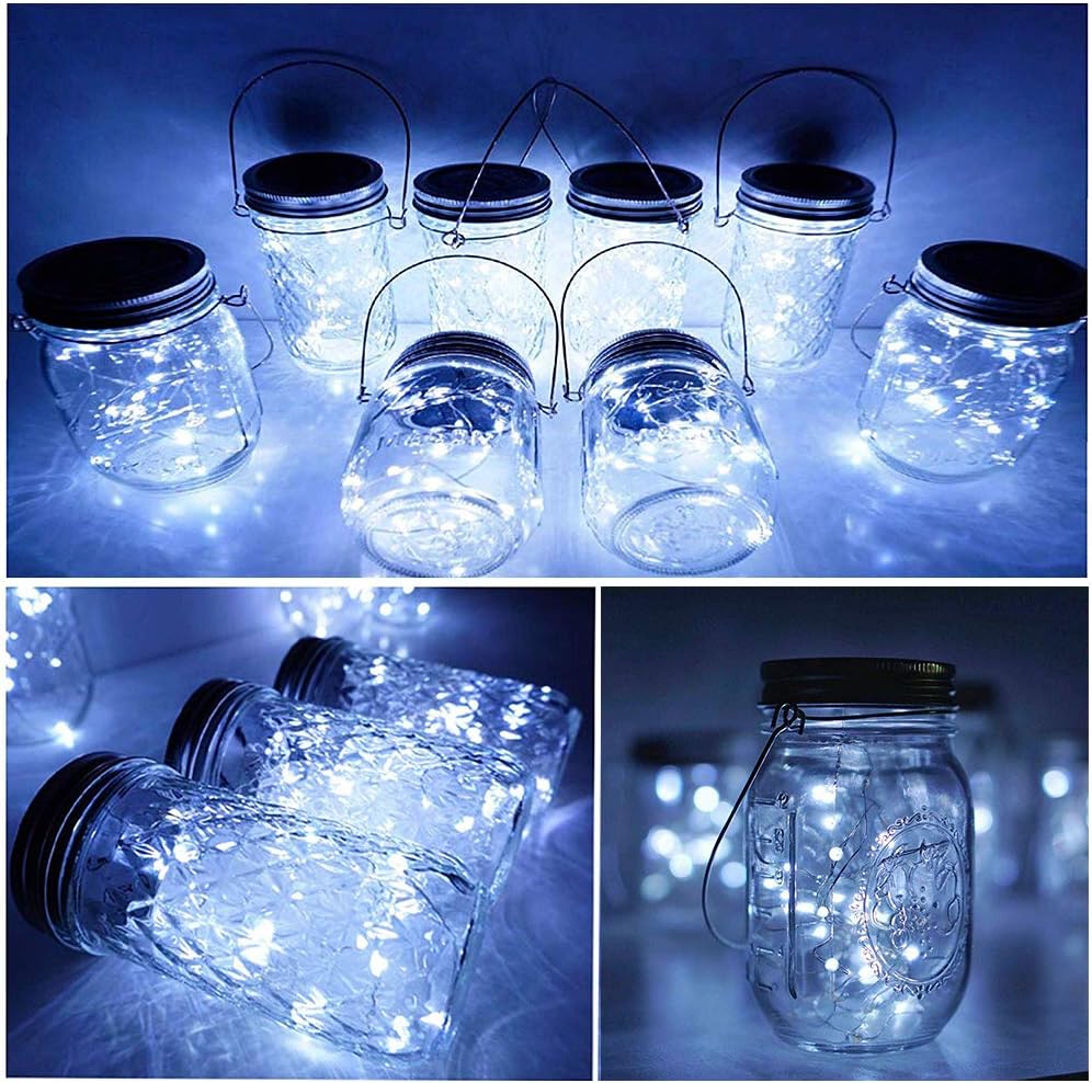 SunKite Solar Mason Jar Lights [Updated], 8 Pack 20 LED Waterproof Fairy Firefly Jar Lids String Lights with Hangers(NO Jars), Patio Yard Garden Wedding Decoration - Cool White