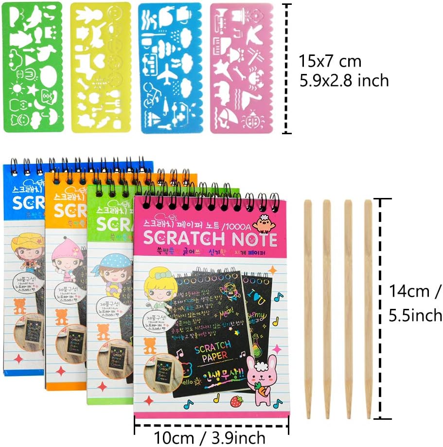 Soumore 16 Pack Scratch Notebooks, Rainbow Scratch Note Combo Art Set, Magic Scratch Painting & Sketch Art Notes Drawing Notepads for Kids - Includes Drawing Stencil and Wooden Stylu with Each Note