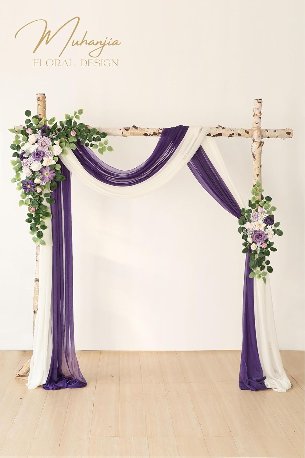 Artificial Wedding Arch Flowers Kit(Pack of 4),2Pcs Artificial Flower Arch Decor, 2Pcs Chiffon Fabric Drapes, Ceremony Decoration, Floral Outdoor Party Decor (Violet & Champagne)