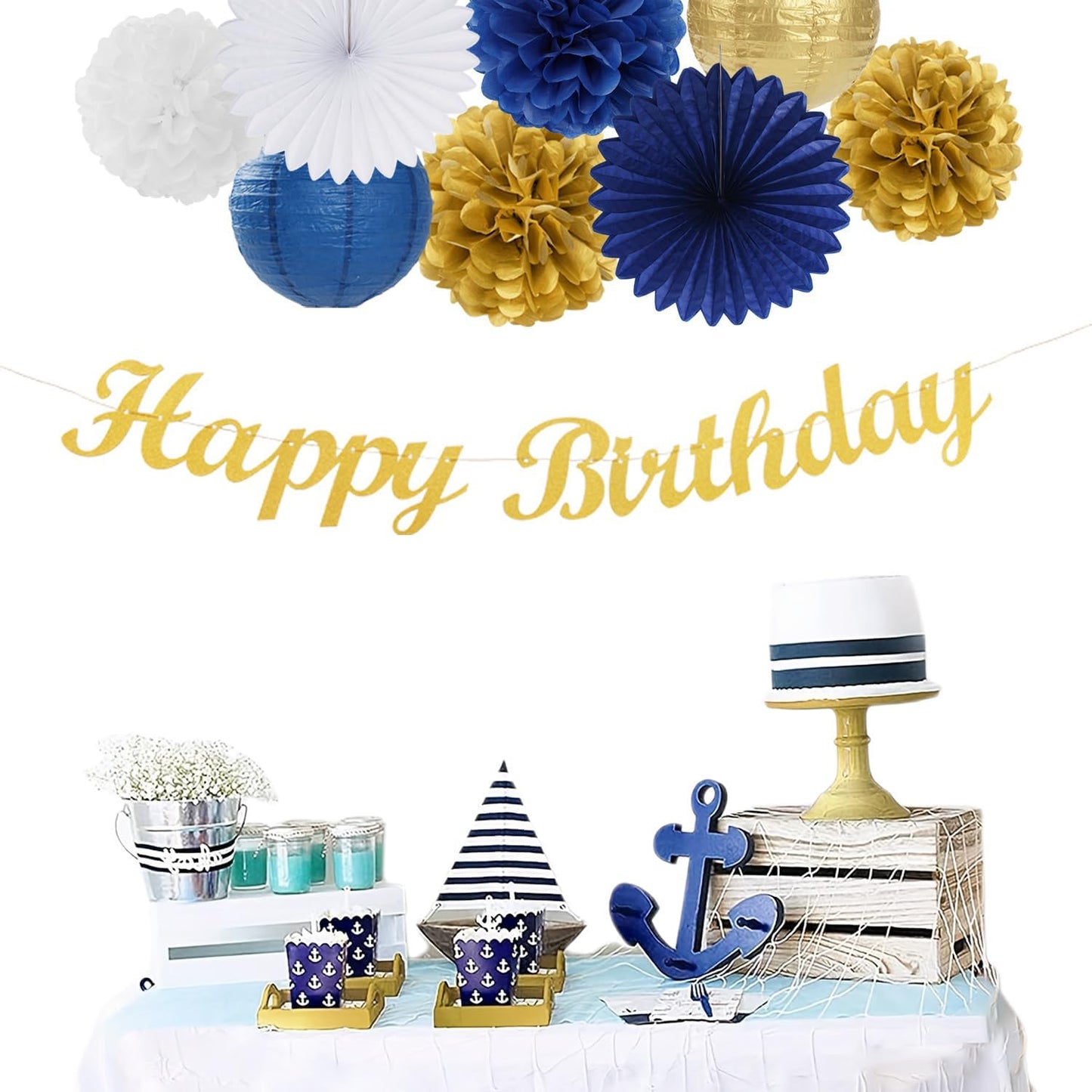 Royal-Navy Blue White Happy-Birthday Party-Decorations - 31pcs Men Women Boys Girl Paper Lanterns Streamers Banner,Gold Tissue Flowers Pom Poms Fans Tassels Graland Decor Supplies Hugmoon